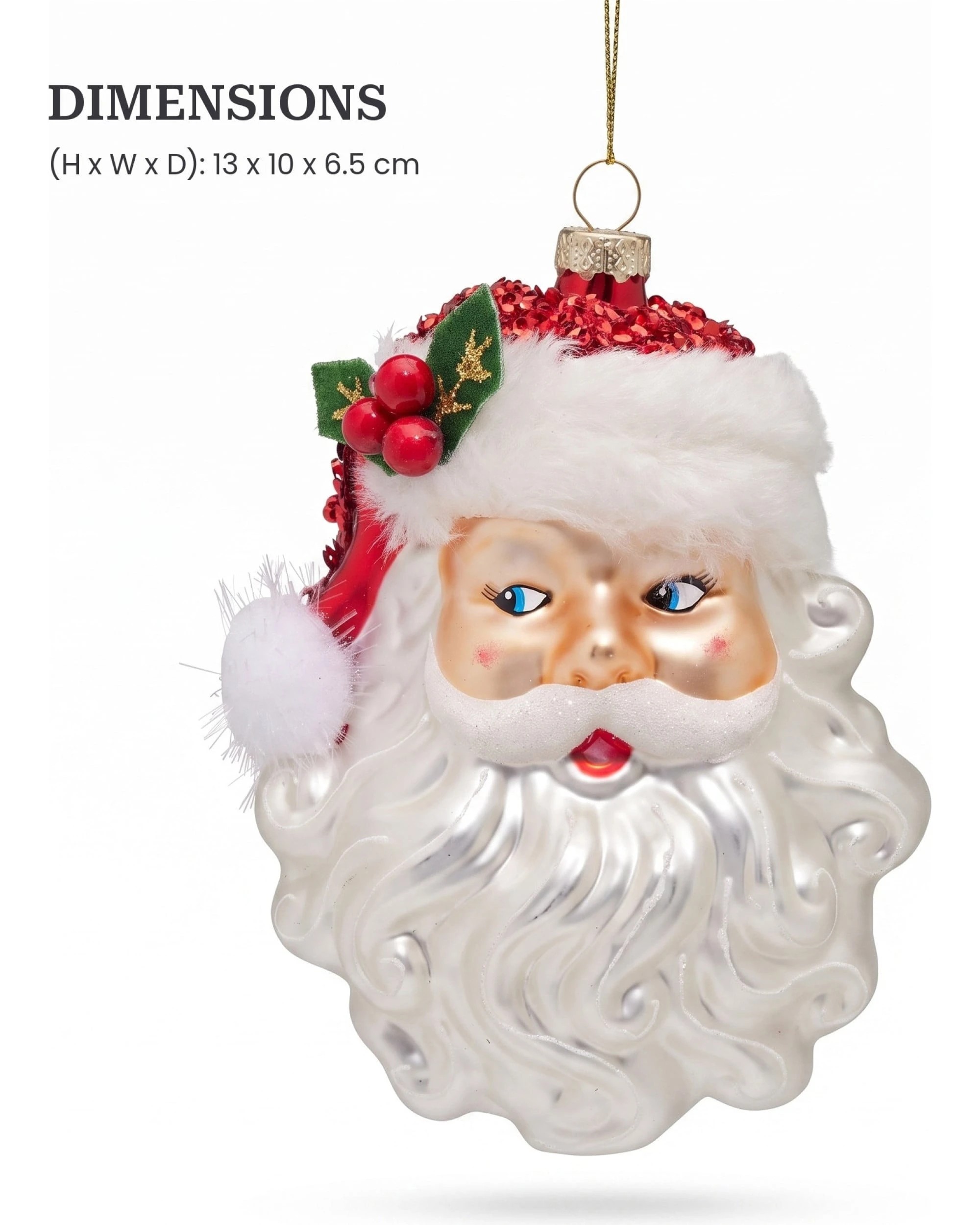 2 Christabelle Set of 6 Glass Santa Head Christmas Baubles, White Fur Trim, 13 cm - White, 2 of 7