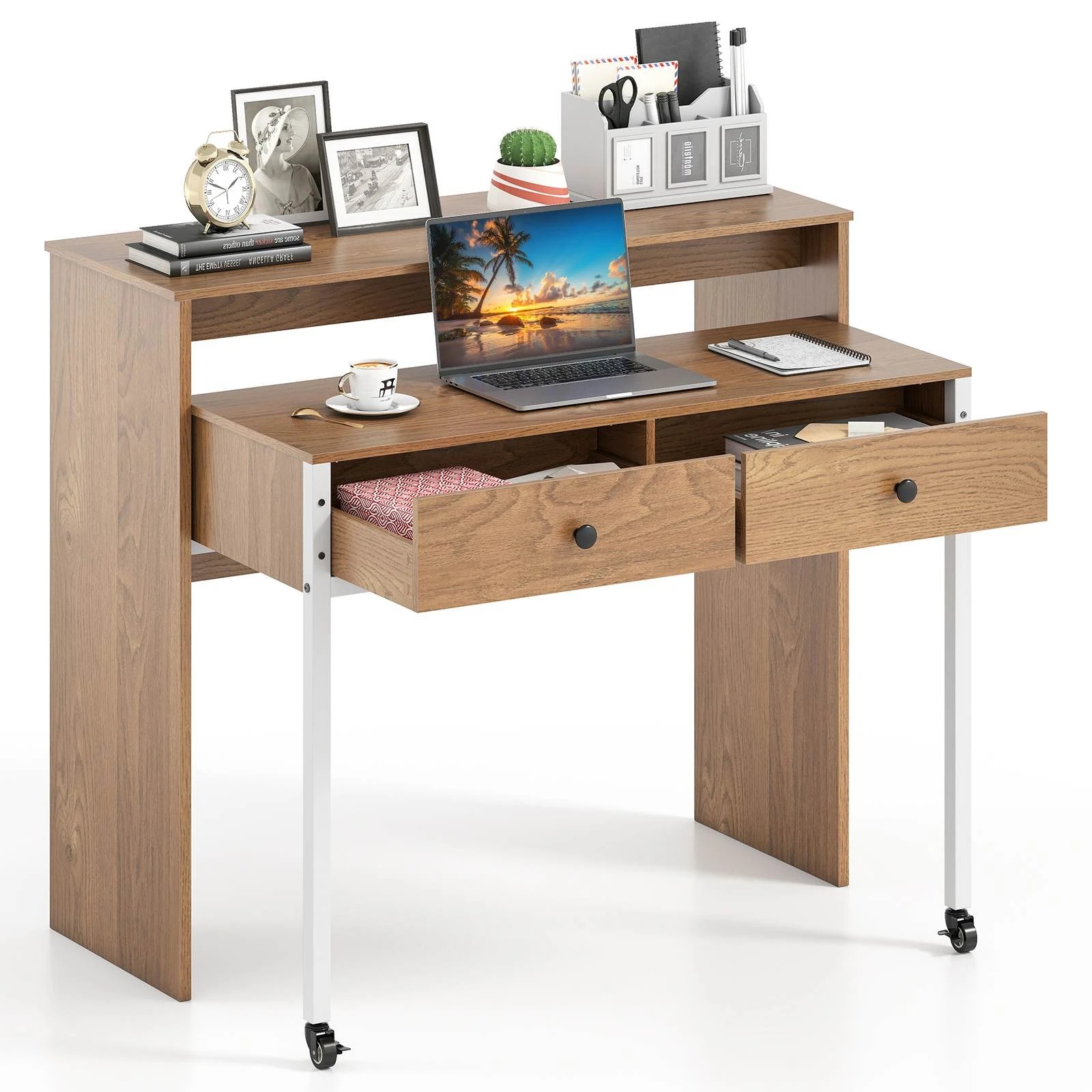 3 Costway Extendable Computer Desk Convertible Home Office Table w/2 Drawers - Natural, 3 of 3