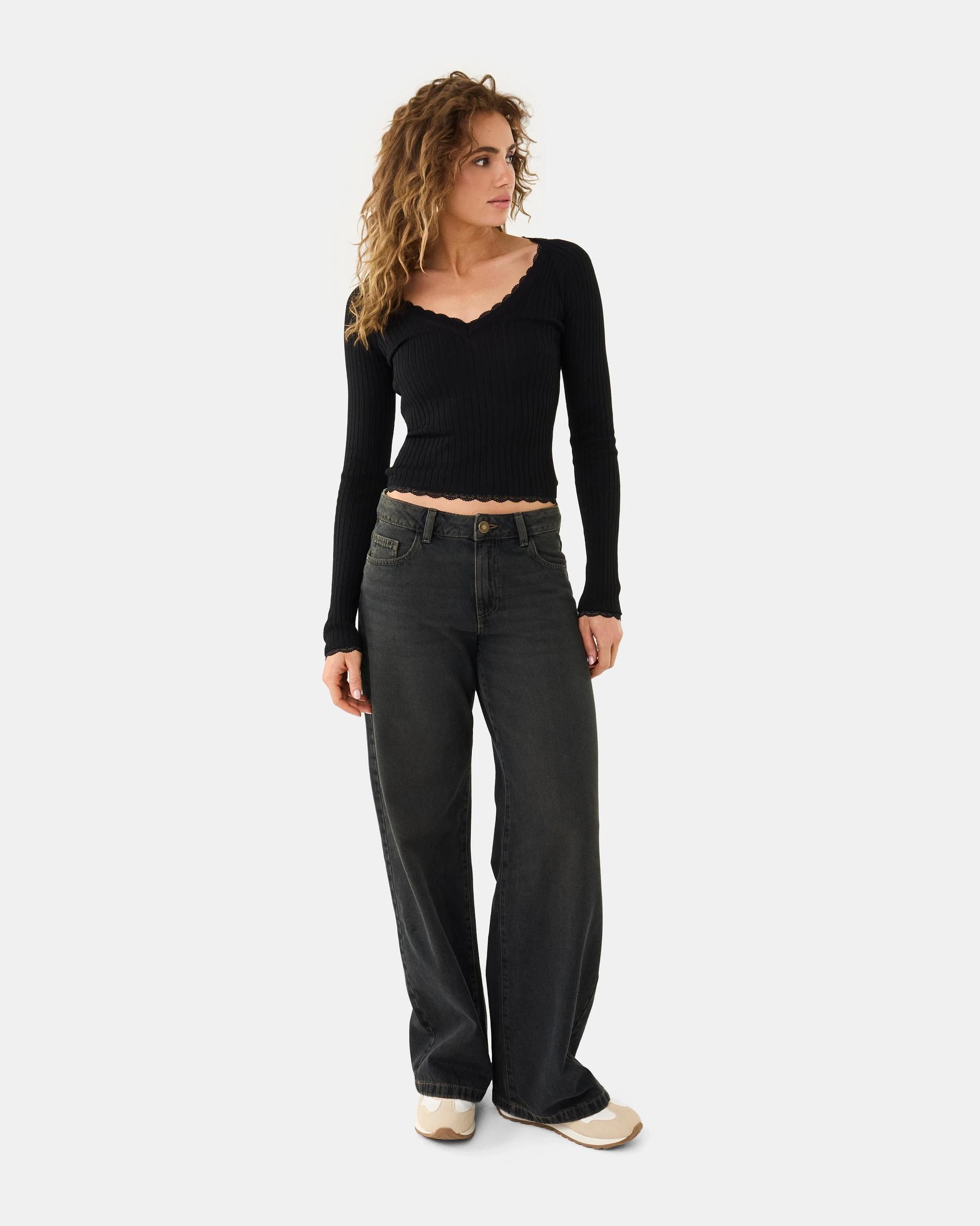 2 Long Sleeve True Knit Lace Detail Top Black, 2 of 9