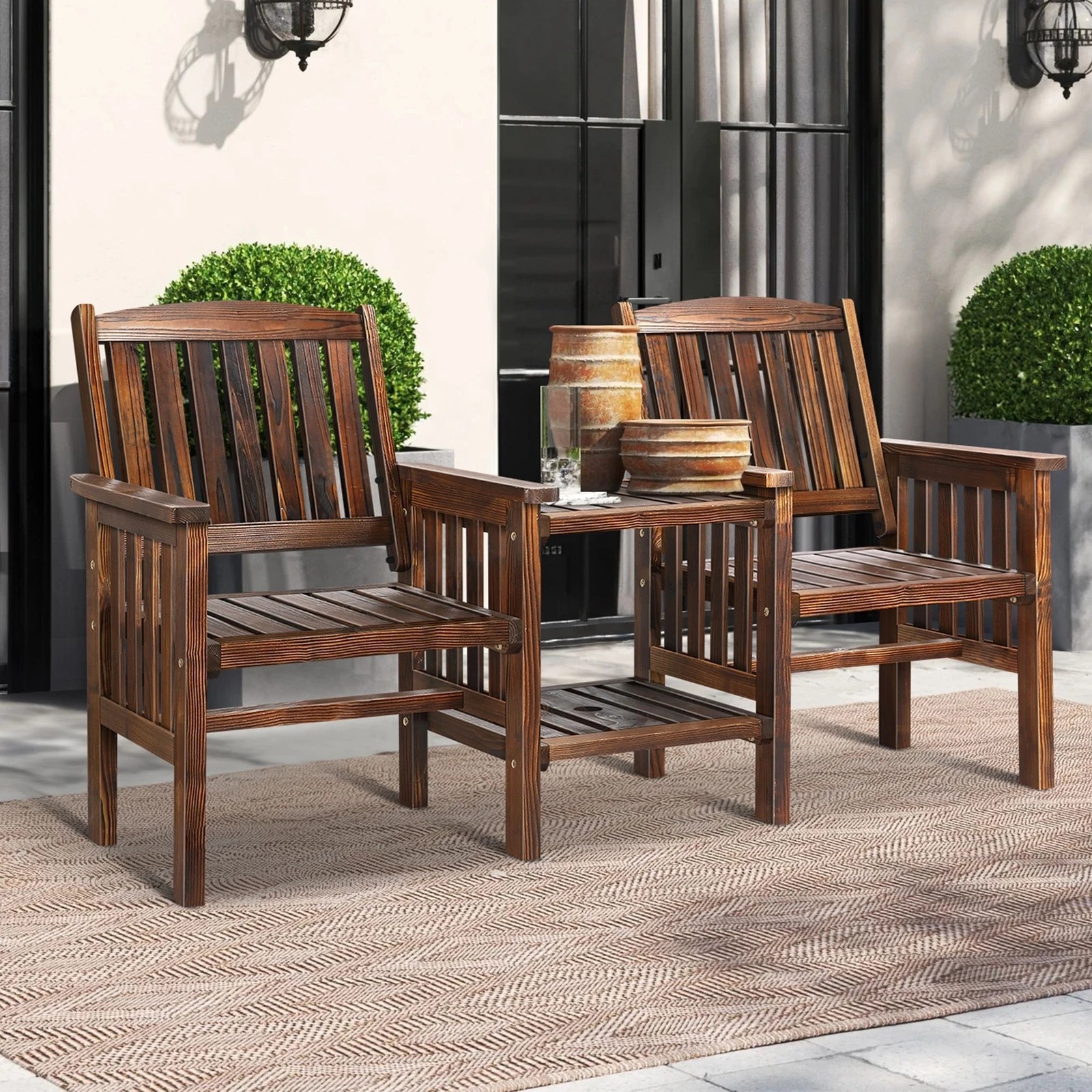 3 Alfordson Wooden Garden Bench Loveseat Outdoor Chairs Table Set Patio - Charcoal, 3 of 9