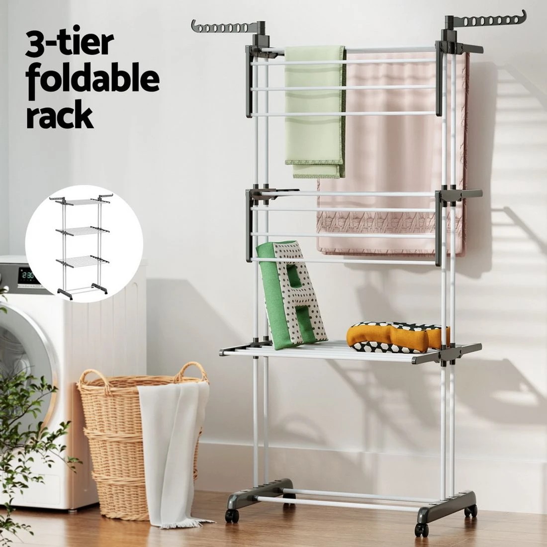 6 Artiss Clothes Drying Rack 173cm Coat Airer Hanger Foldable Portable Indoor Outdoor Space Saving Lockable Wheels - Grey, 6 of 8