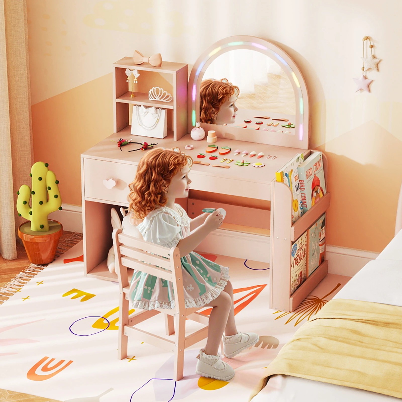 4 Costway Vanity Set Princess Makeup Dressing Table Chair Set w/Lighted Mirror Girls Gift Pink - Pink, 4 of 4
