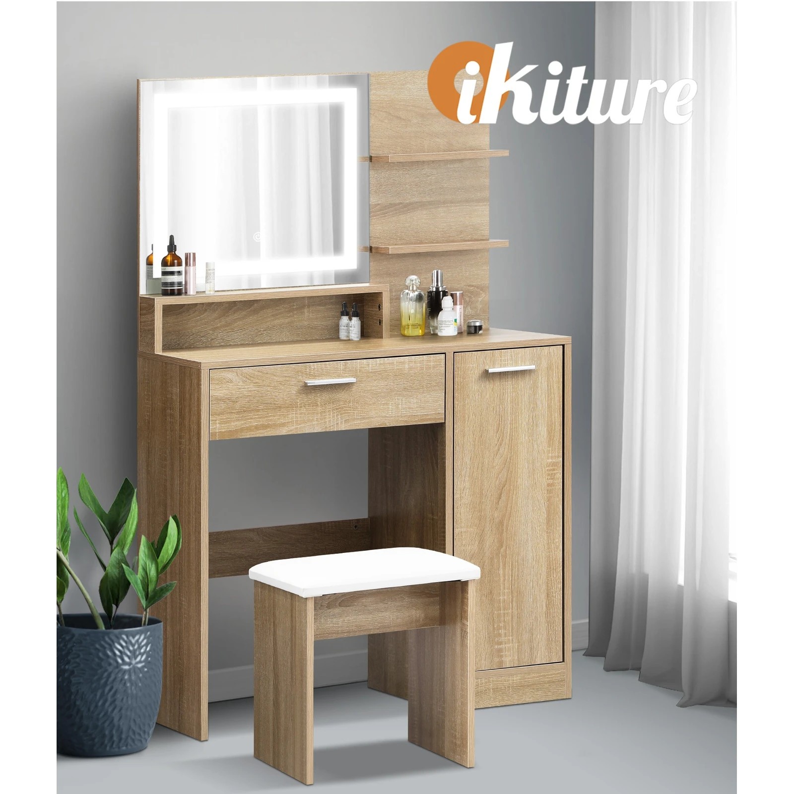 6 Oikiture Dressing Table Stool Set Makeup Mirror Led Light Large Cabinet
 - Natural, 6 of 9
