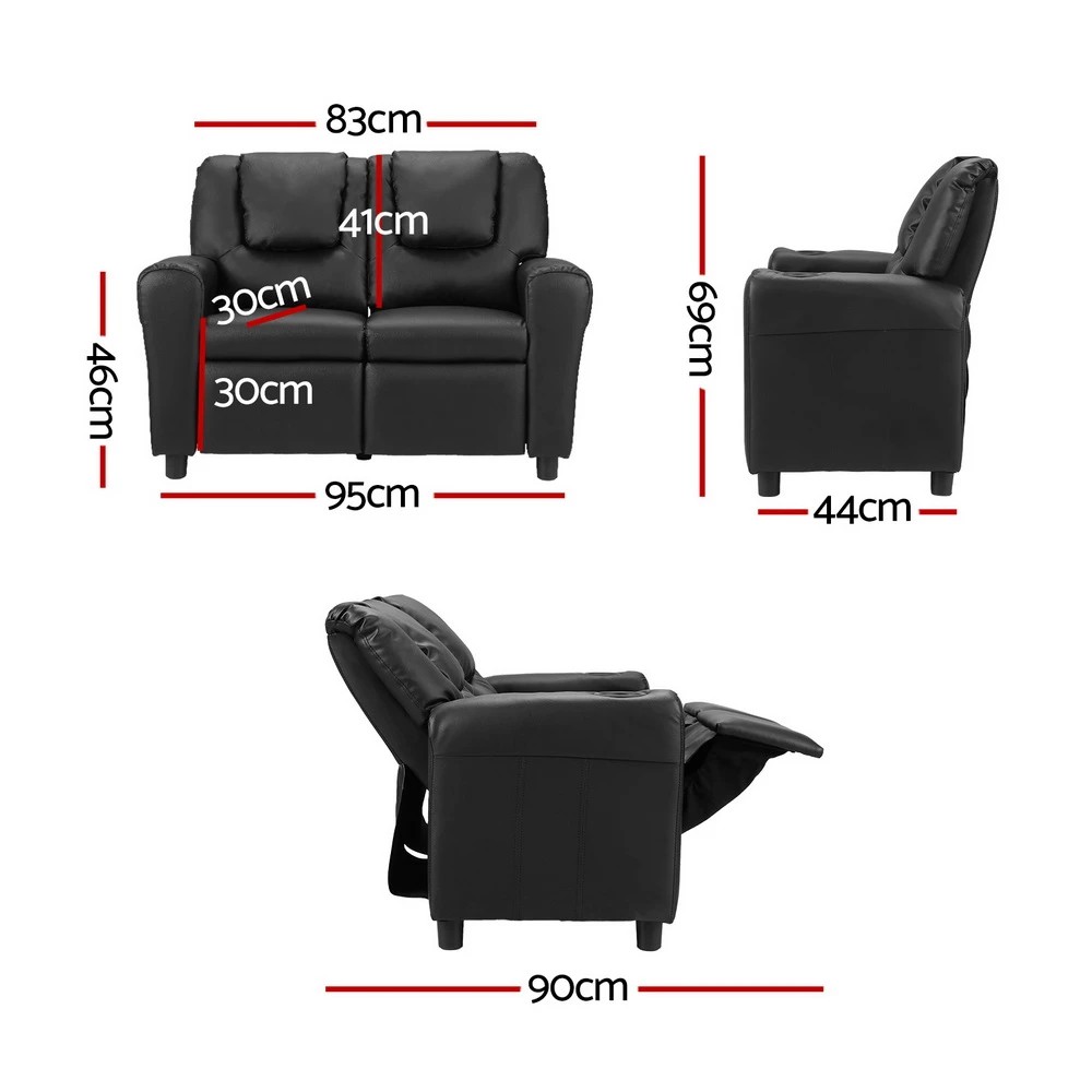 2 Keezi Kids Recliner Chair Double PU Leather Sofa Lounge Couch Armchair - Black, 2 of 5