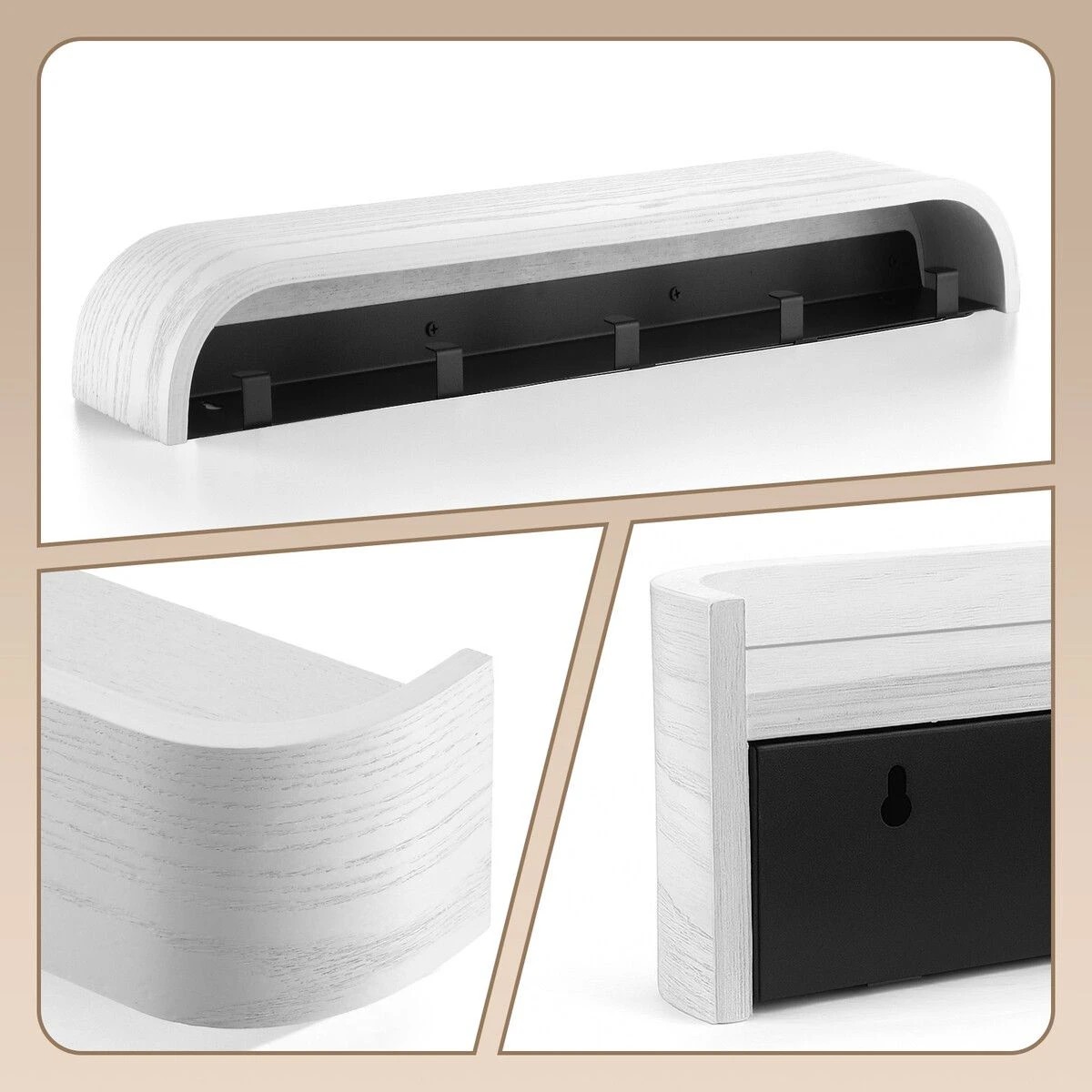 4 Ausway Wall Mounted Coat Rack 5 Hooks Clothes Hanger Hat Jacket Towel Key Holder Organiser Wooden Storage Shelf Hallway, 4 of 9