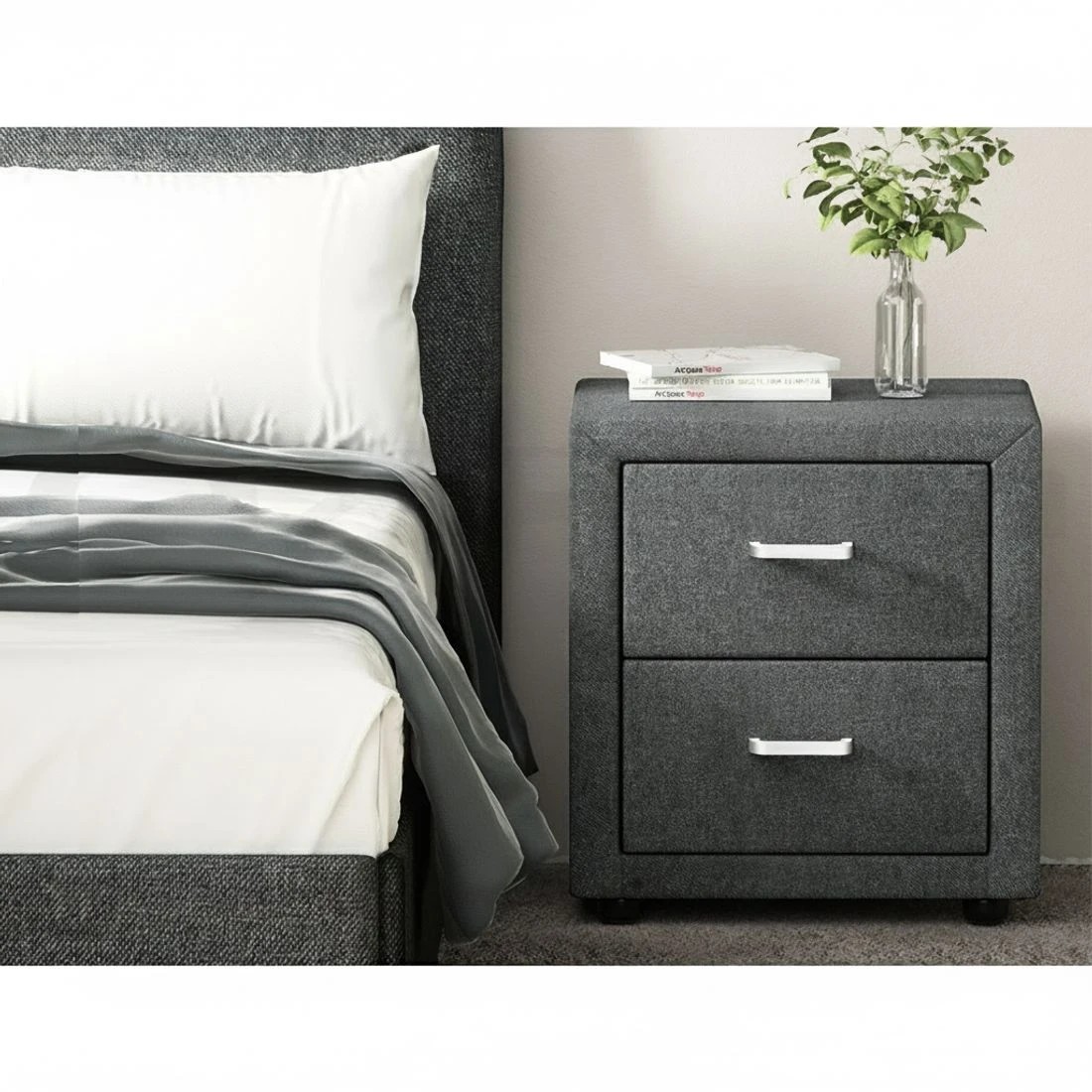 5 Artiss 2X Bedside Table 2 Drawers Side Table Fabric - Grey, 5 of 9