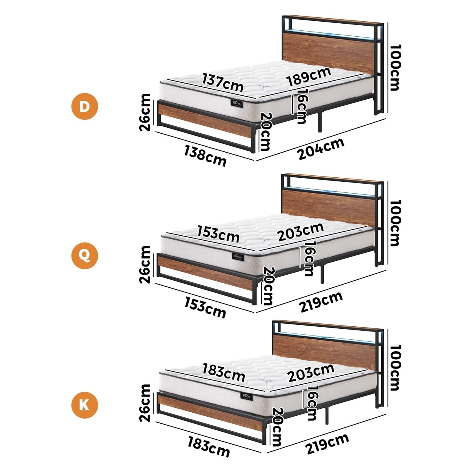 2 Oikiture Metal Bed Frame Queen Size LED Storage USB with Mattress - Brown, 2 of 10
