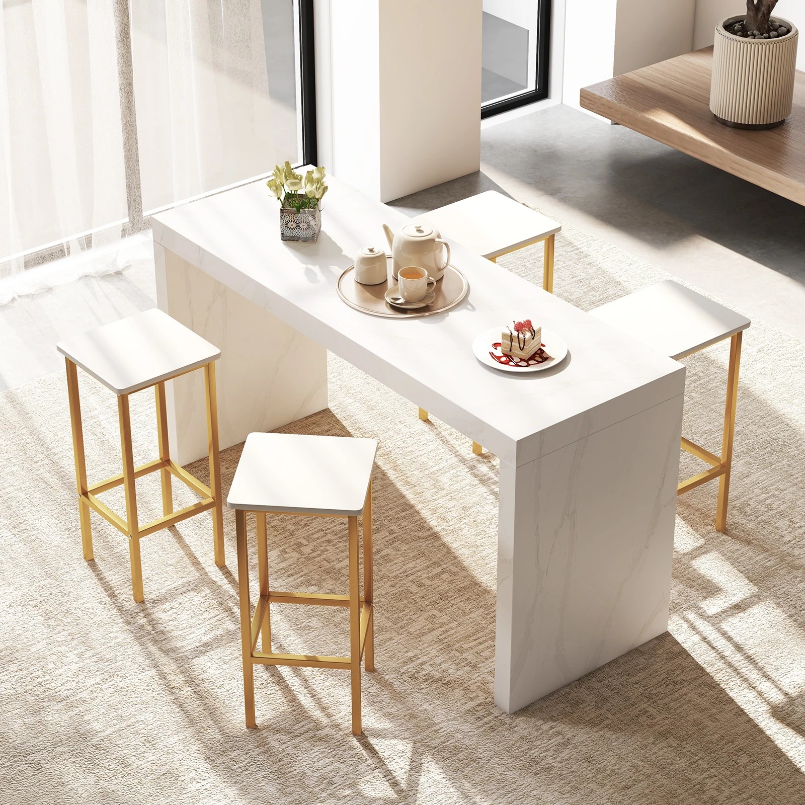 3 Costway 65cm Square Bar Stool Set 4x Breakfast Barstool Kitchen Island Counter Dining Chair - White, 3 of 4