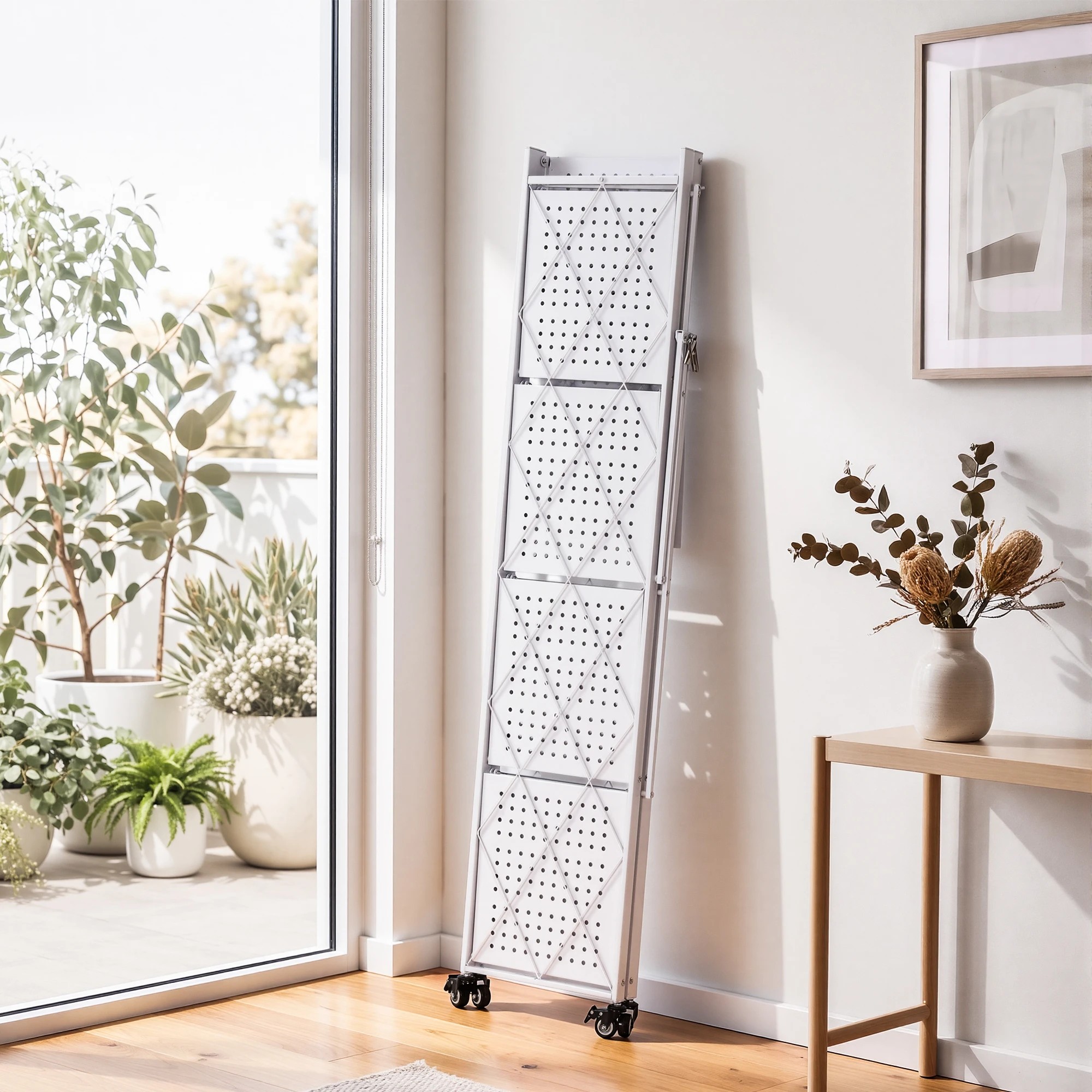 7 Artiss 5-Tier Foldable Kitchen Bakers Rack with Wheels 71x34x160cm Metal Microwave Stand 25kg Capacity Per - White, 7 of 10