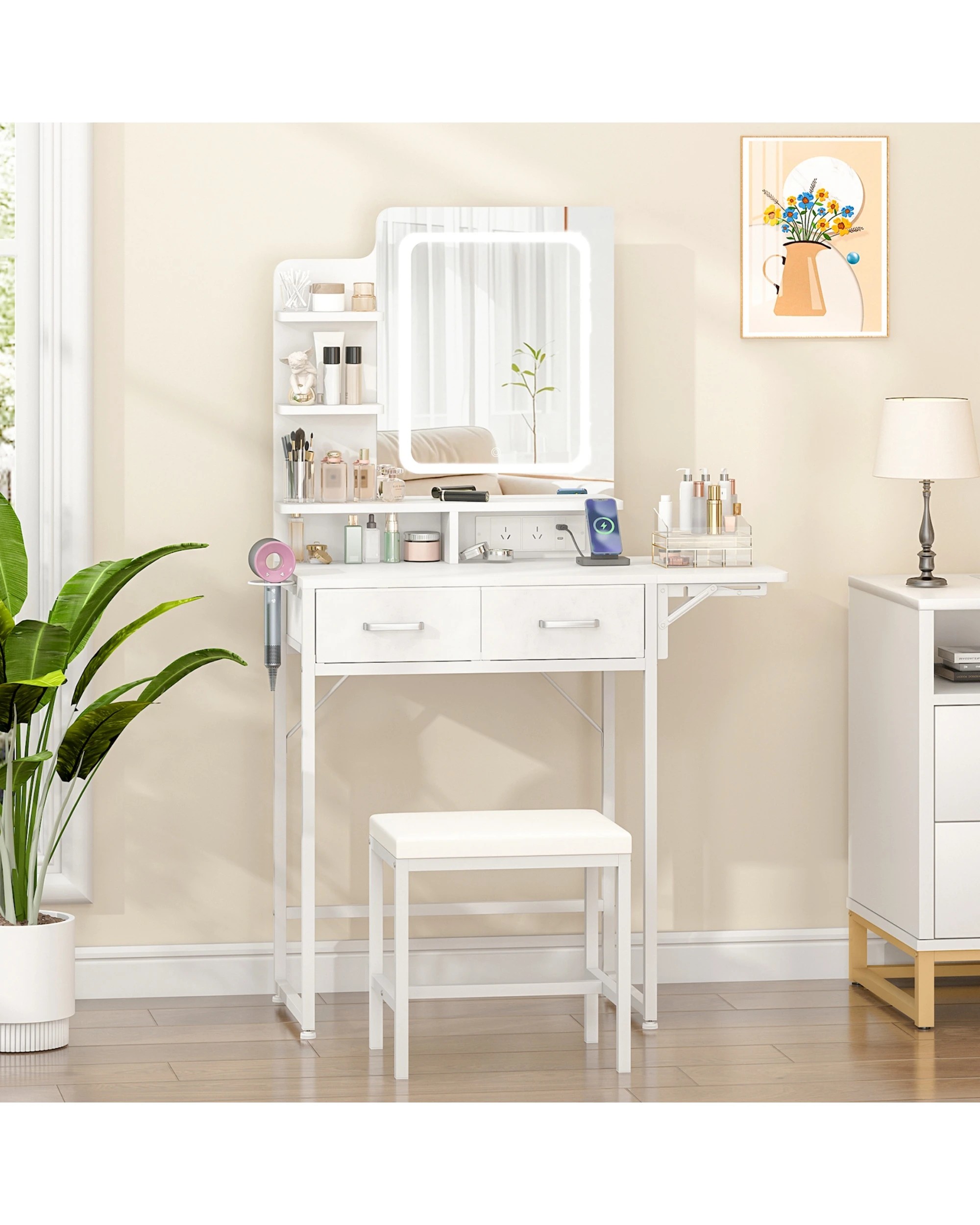 7 Advwin Dressing Table Set LED Light Charging Station Glass Cabinet Tabletop - White, 7 of 9
