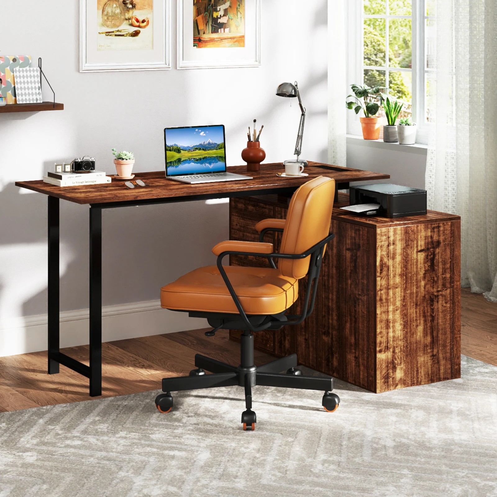 2 Costway Industrial L-Shaped Computer Desk Reversible Study Table w/Charging Station, 2 of 4
