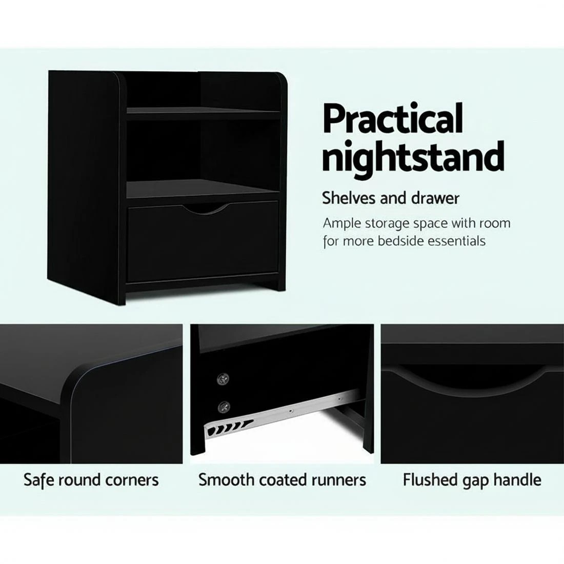 5 Artiss 2X Bedside Table 1 Drawer with Shelf - Black, 5 of 7