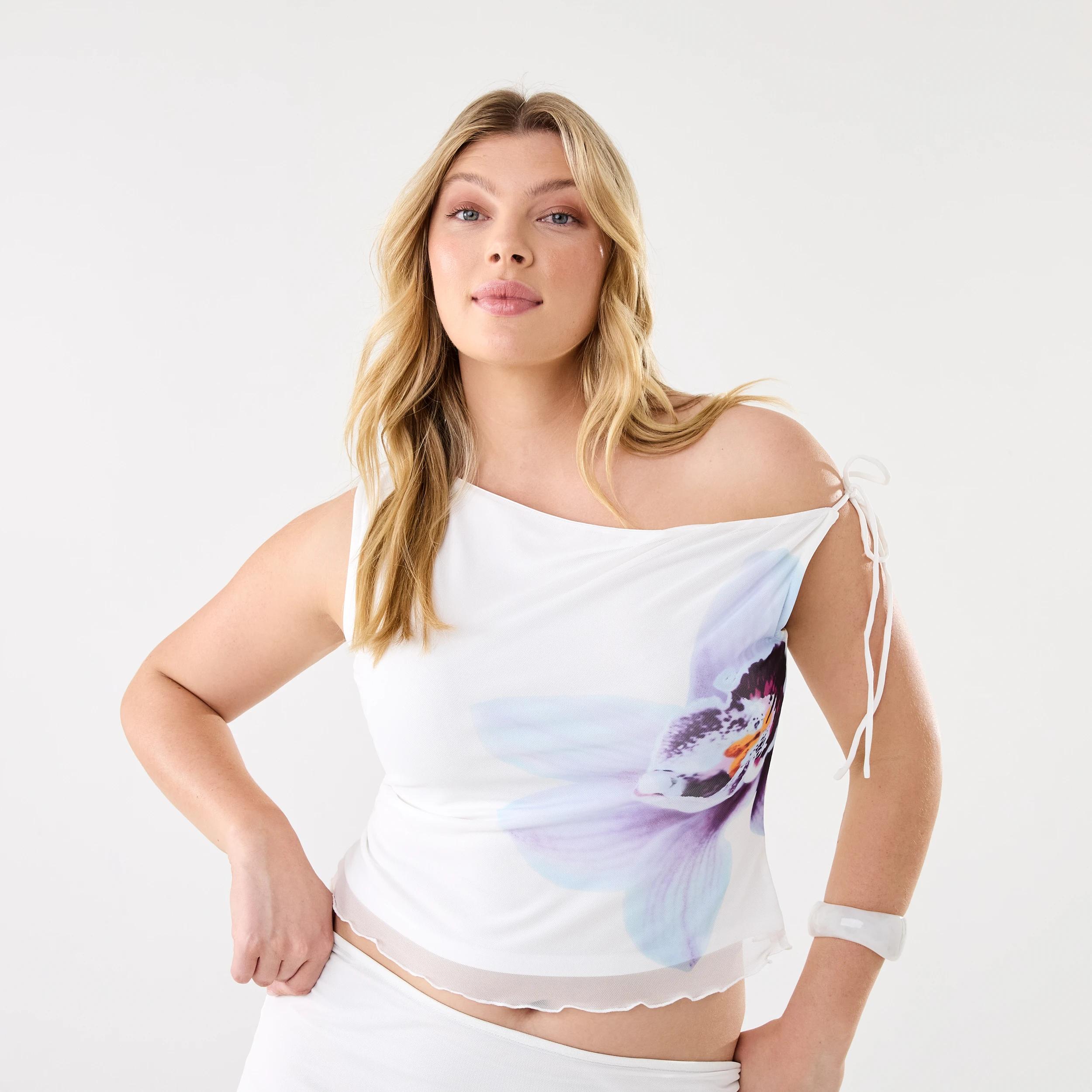 3 Print Off Shoulder Mesh Top Wht Orchid, 3 of 9