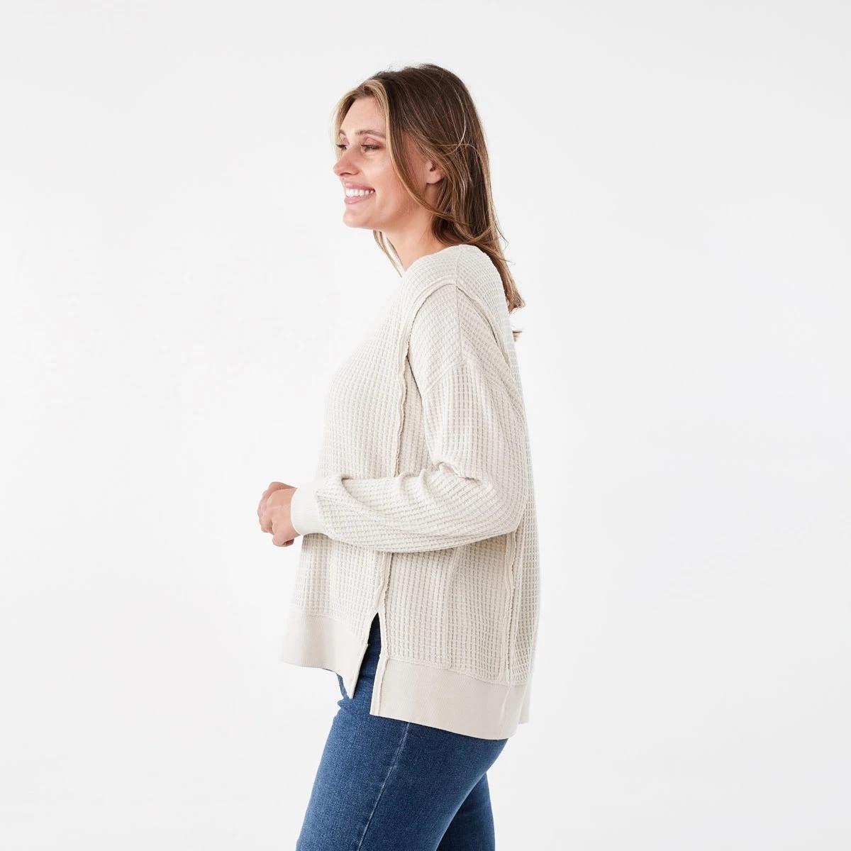 2 Long Sleeve Waffle V-Neck Top Nat Beige, 2 of 6
