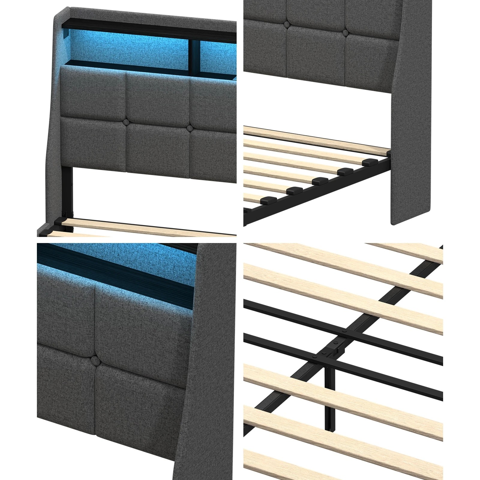 5 Oikiture Double Size Bed Frame with LED Lights and Storage Headboard & Charging Station- Grey, 5 of 7