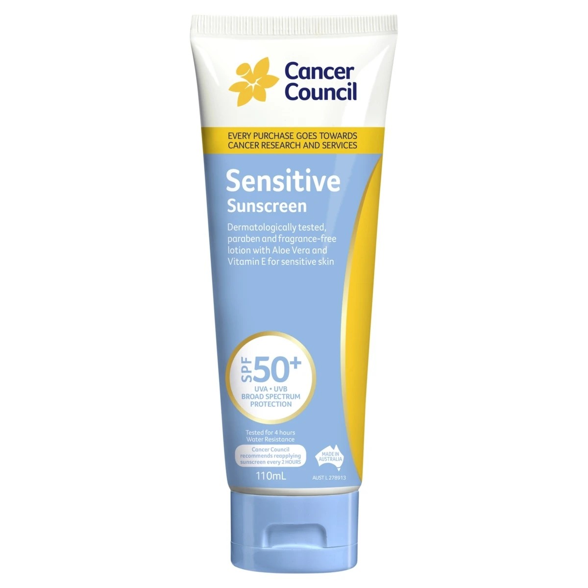 1 Cancer Council SPF50+ Sensitive Sunscreen 110ml - Aloe Vera and Vitamin E, 1 of 4