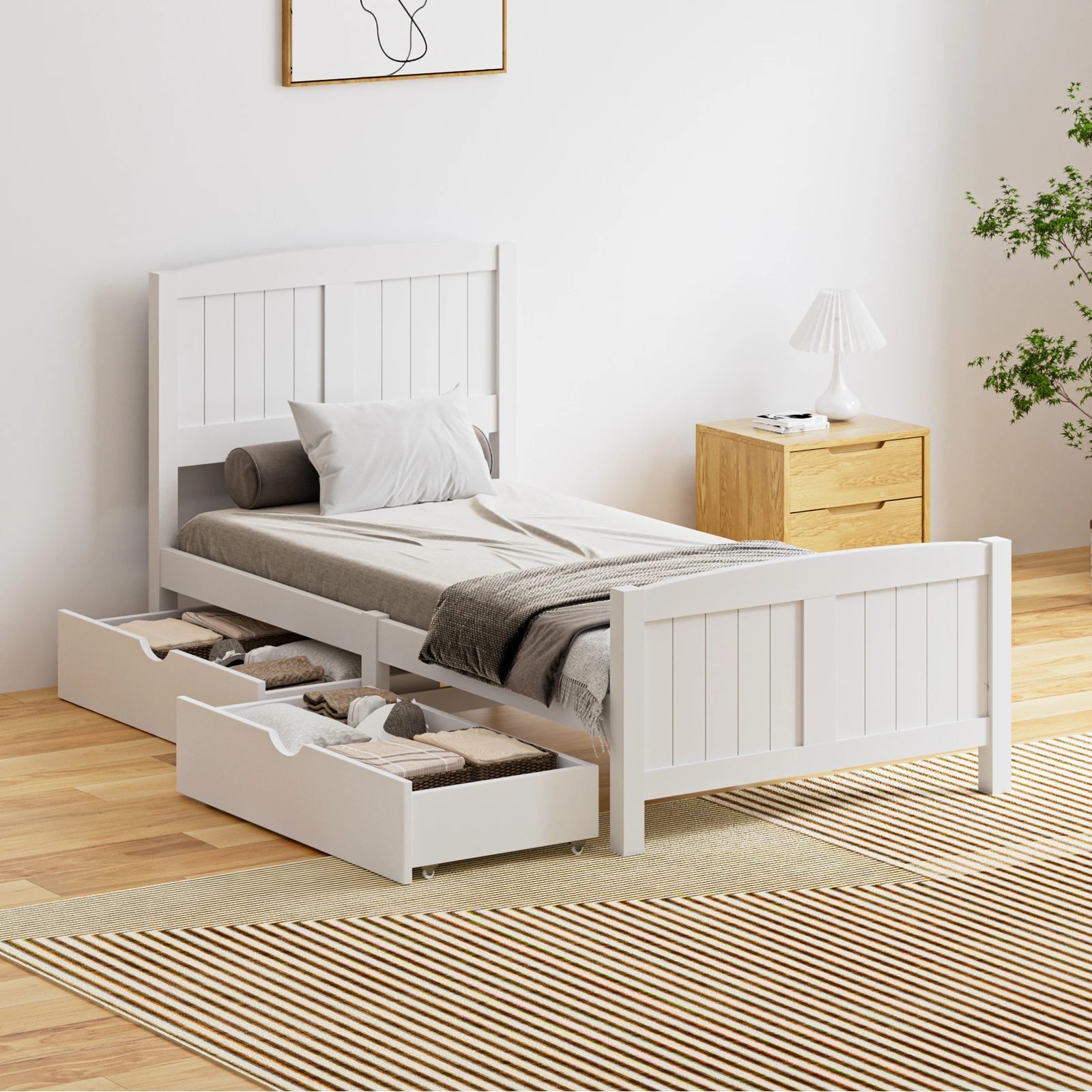 8 Oikiture Wooden Bed Frame Single Size Base With Trundle Storage Drawers
 - White, 8 of 8
