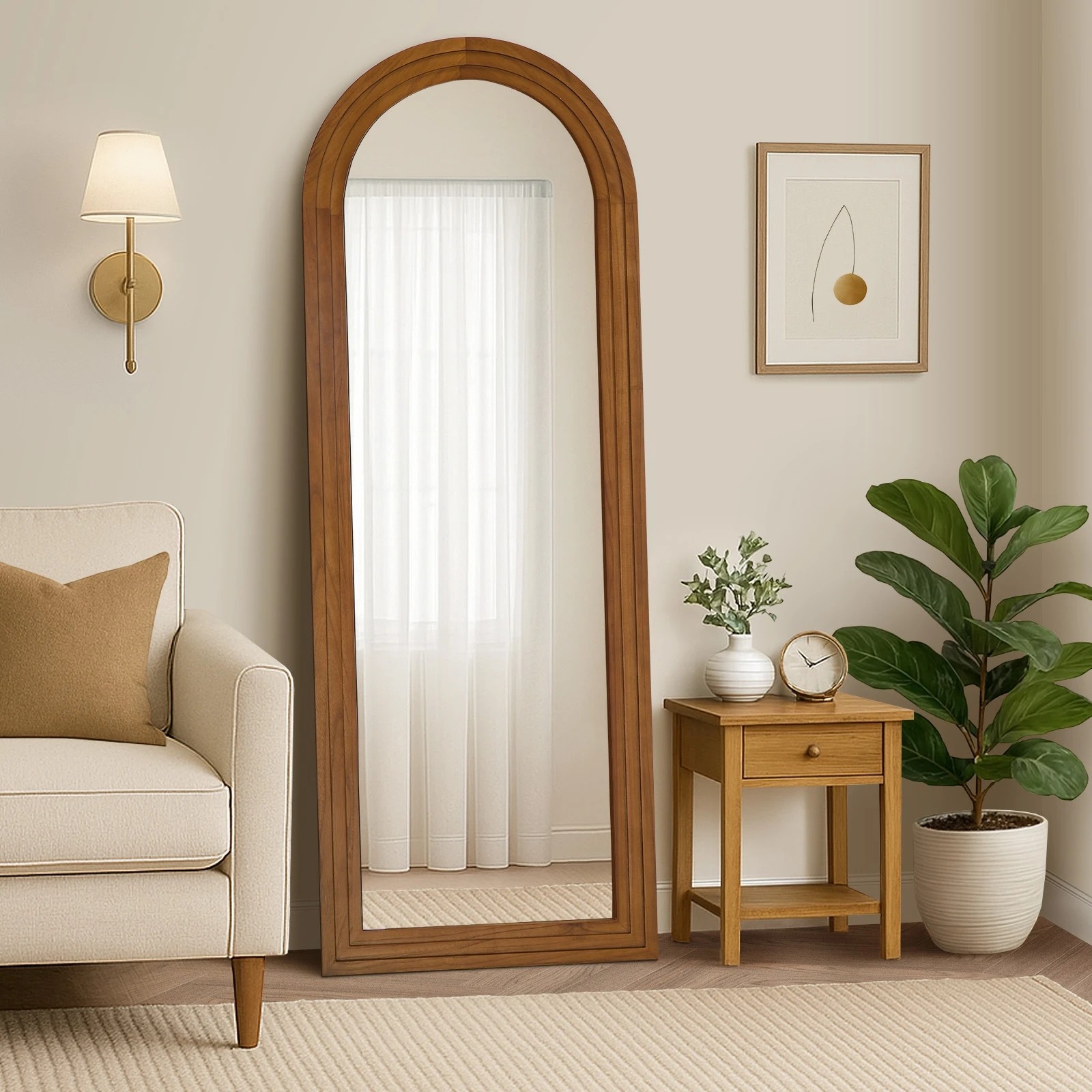 3 Oikiture Full Length Arch Mirror 165x60cm Wood Wall Mounted Home Decor - Brown, 3 of 10