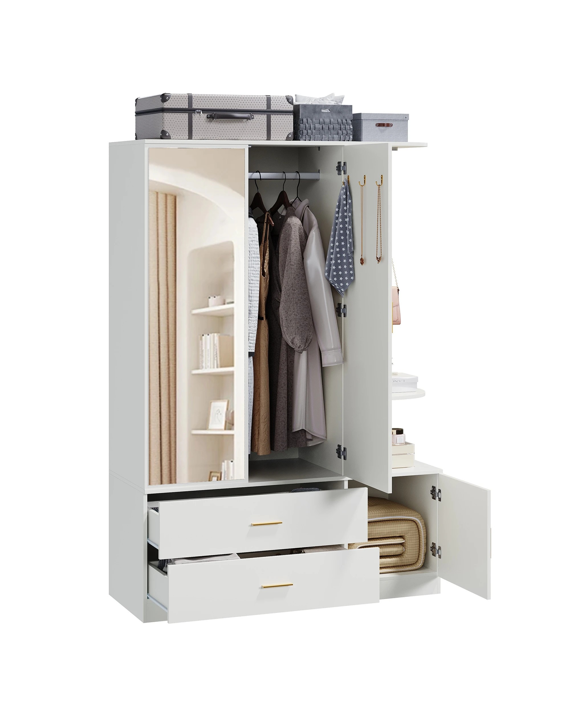 6 Advwin 3 Doors Armoire Wardrobe Closet with Mirror & Sensor Light - White, 6 of 9