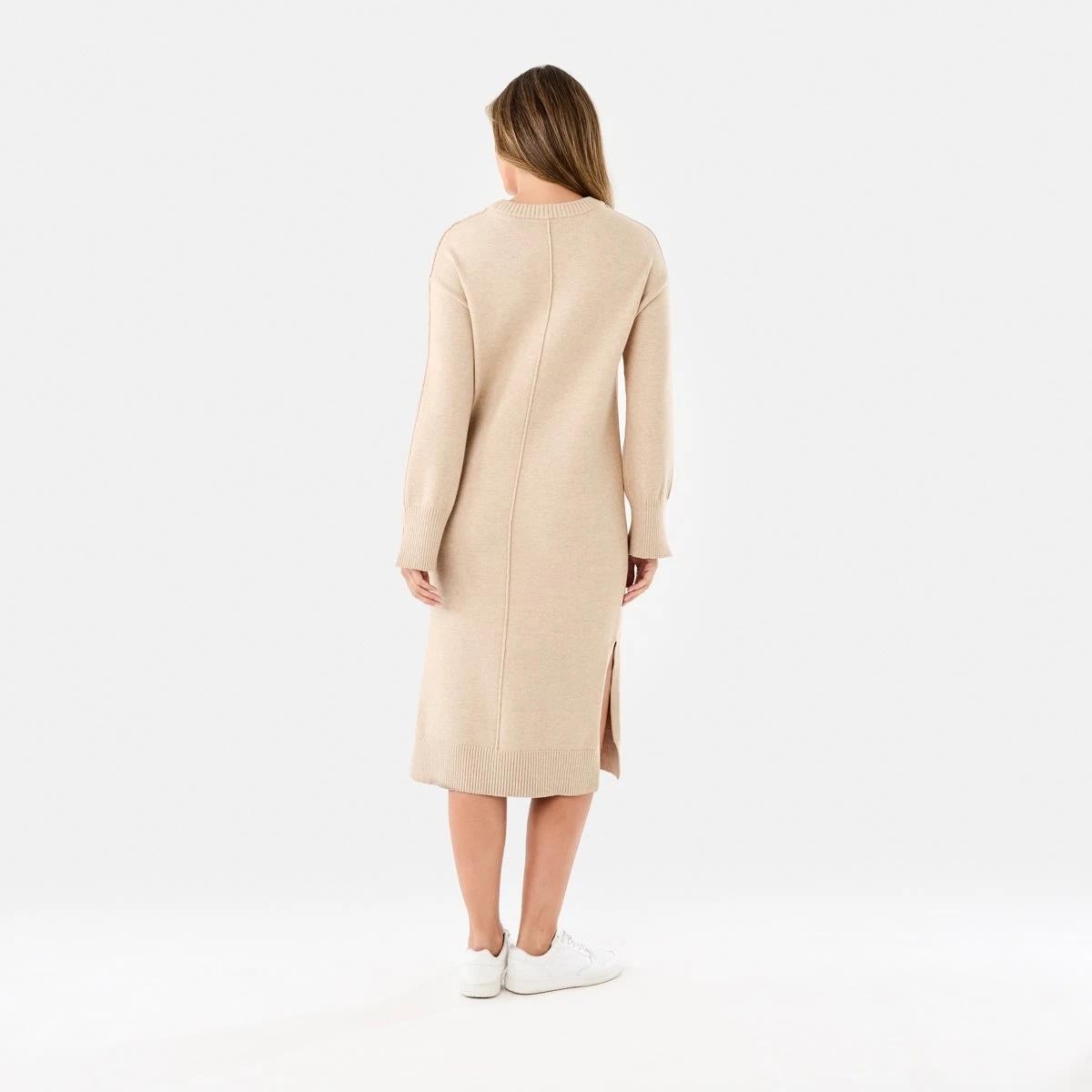 3 Long Sleeve Crew Neck Seam Detail True Knit Midi Dress Beige Marl, 3 of 6