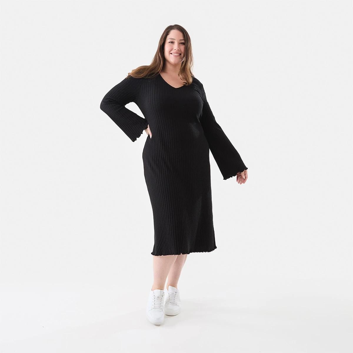 1 Curve Long Sleeve Ribbed Midi Dress Black, 1 of 6
