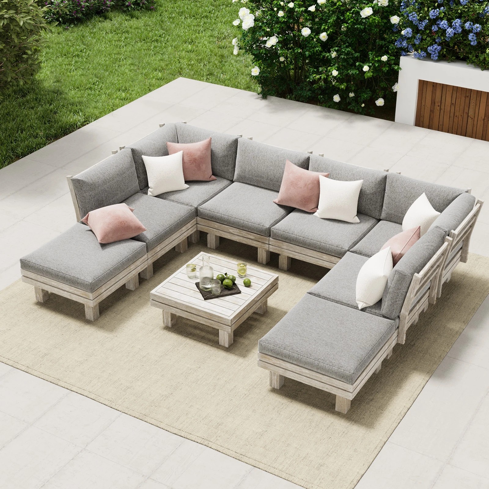 3 Livsip 9PCS Outdoor Sofa Set Wooden Lounge Setting Table Chair - Beige, 3 of 9