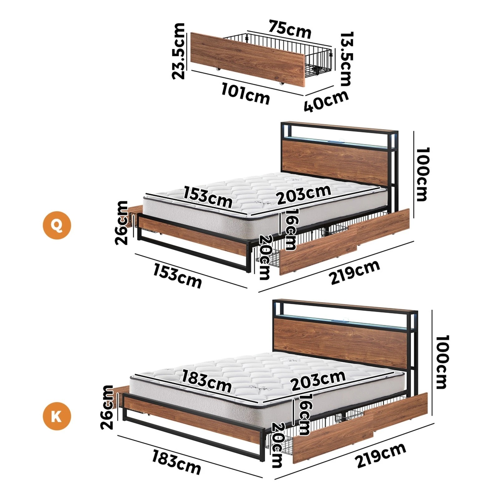 10 Oikiture Metal Bed Frame Queen Size LED 4 Storage Drawers USB with Mattress - Brown, 10 of 10