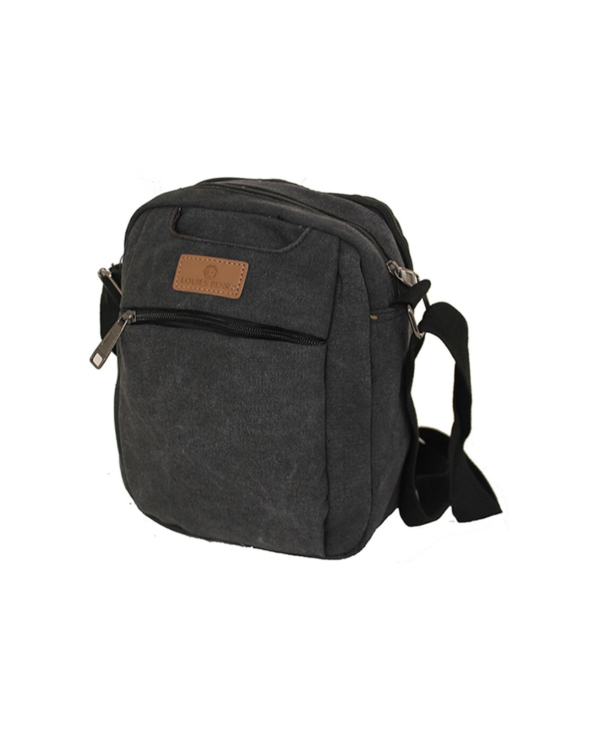 1 Louis Berry Canvas Mens Shoulder Bag 25X19Cm Sleek Stylish Two Zipper Compartment - Black, 1 of 1