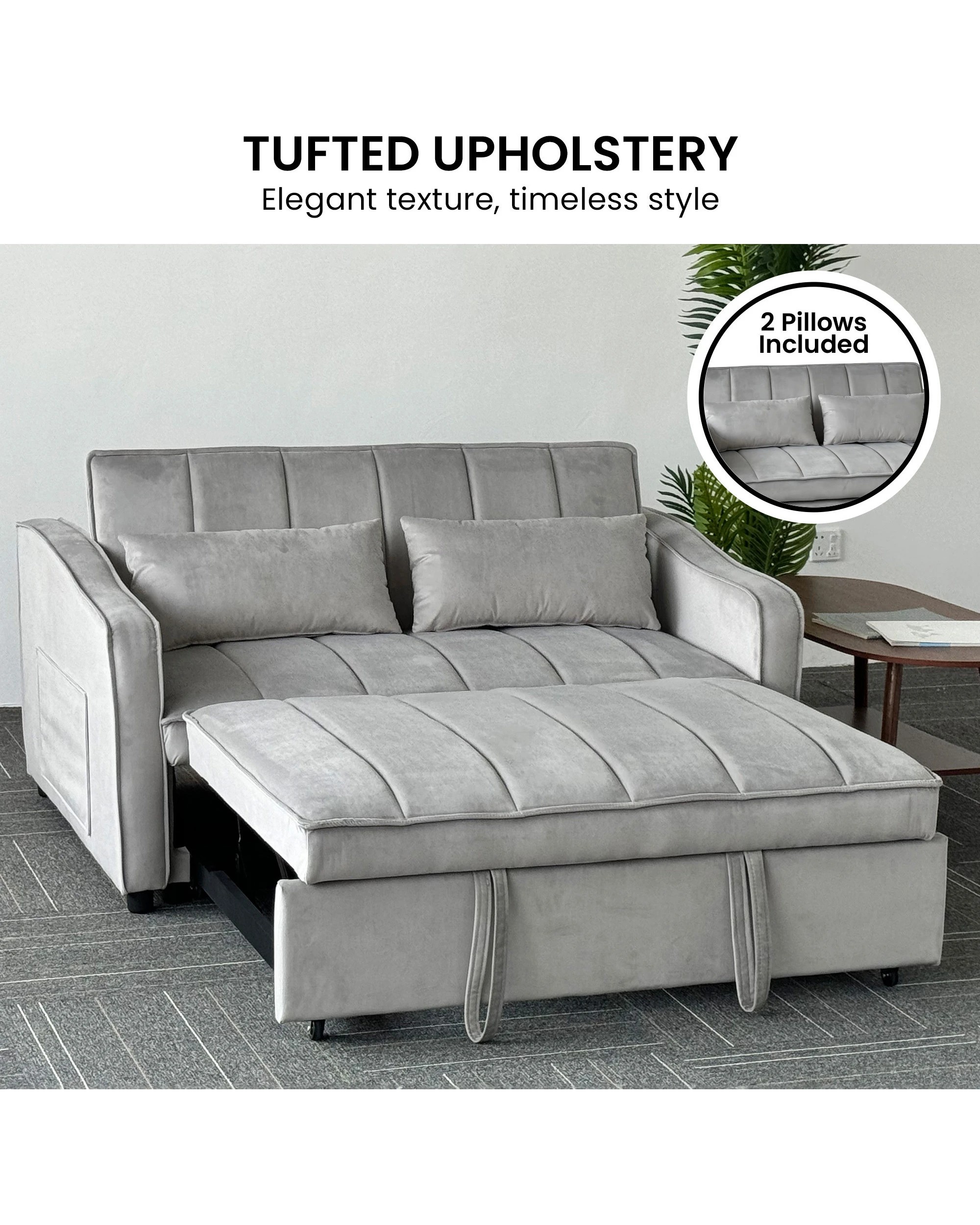 6 Sarantino Fenton Velvet 2-Seater Sofa Bed - Light Grey, 6 of 9