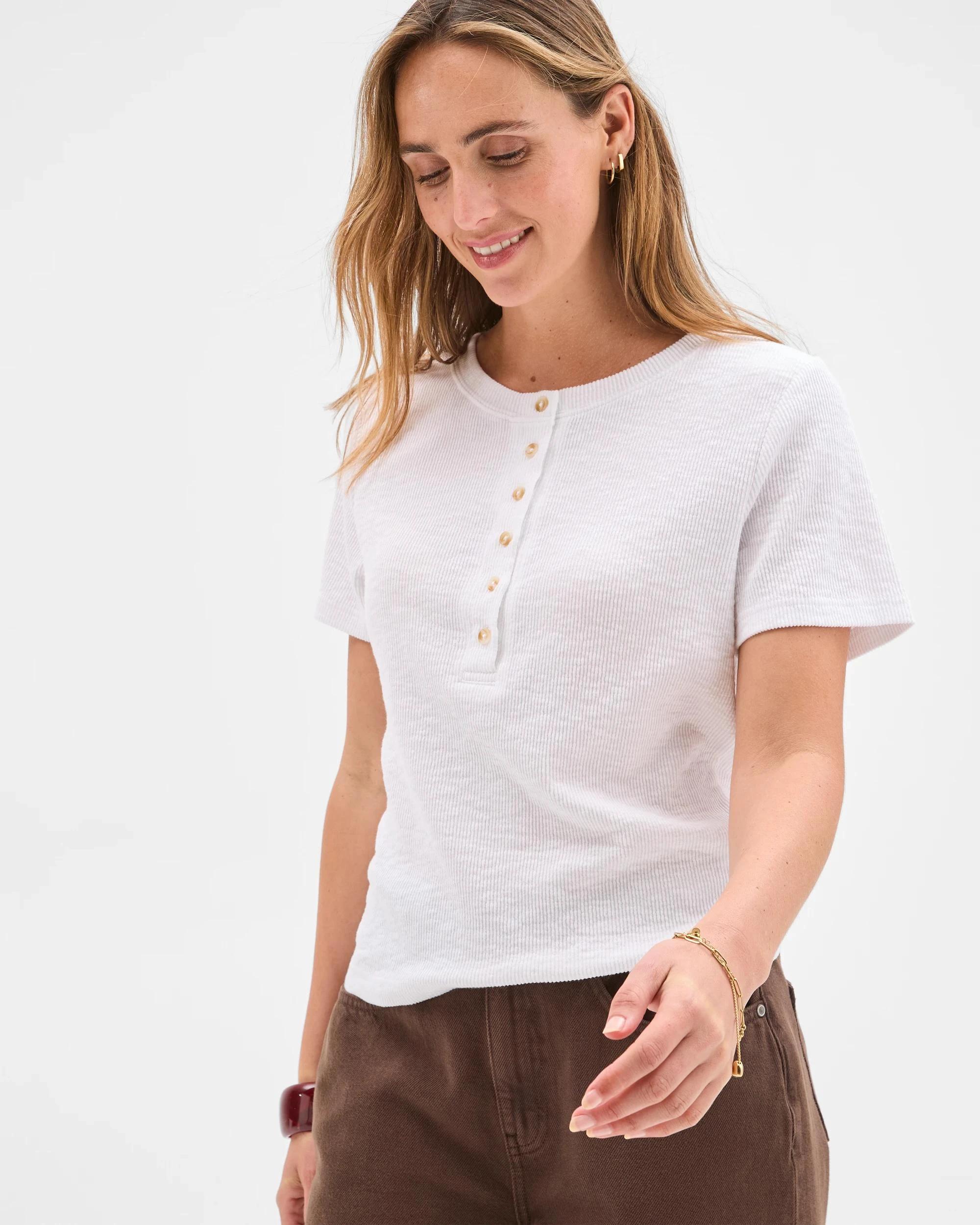 2 Target Woman Australian Cotton Blend Textured Rib Henley T-Shirt WHITE, 2 of 5