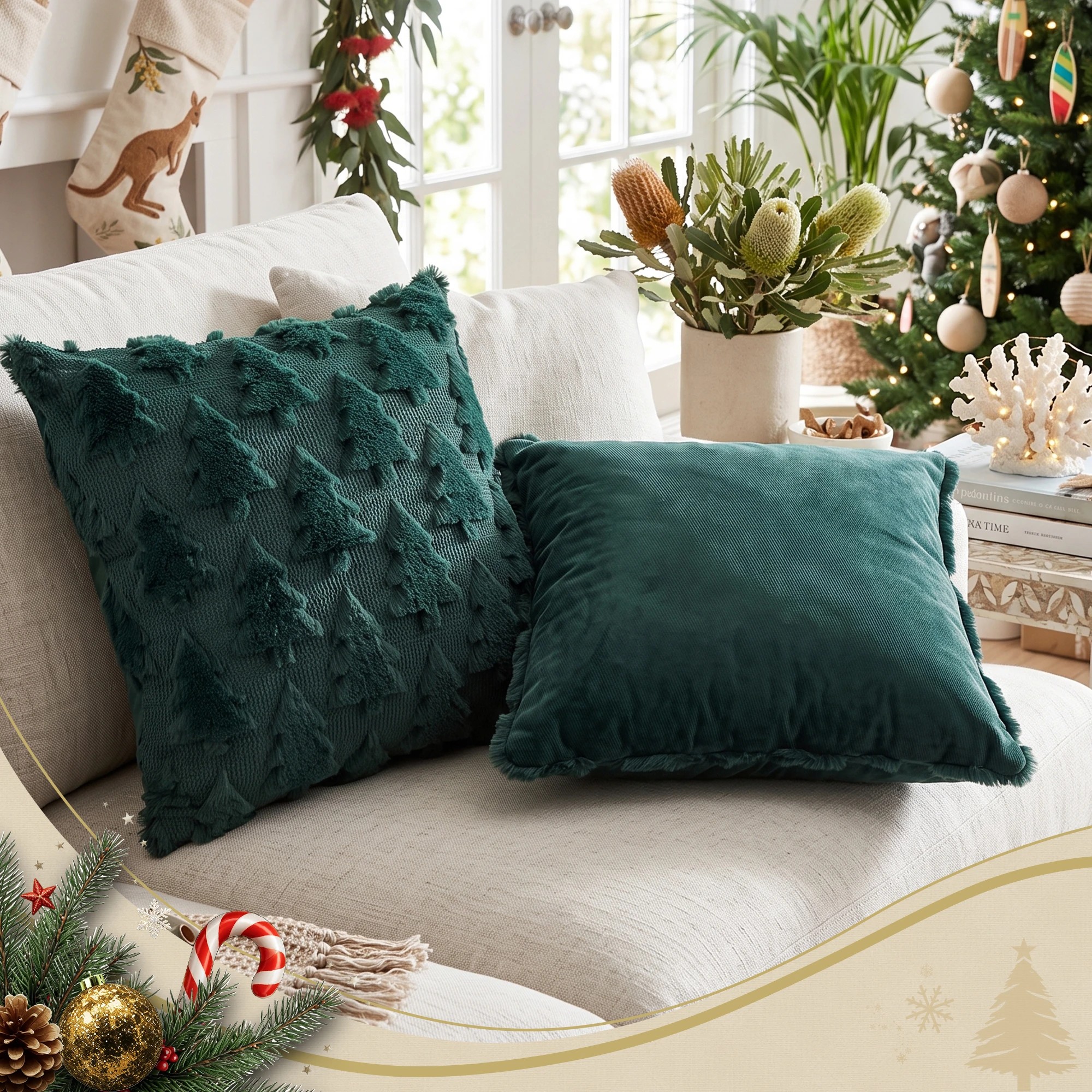 7 Jingle Jollys Christmas Tree Pillow Covers 2 Packs Cushion Covers Soft Faux Fur Jacquard 45 x 45cm Green - Green, 7 of 8