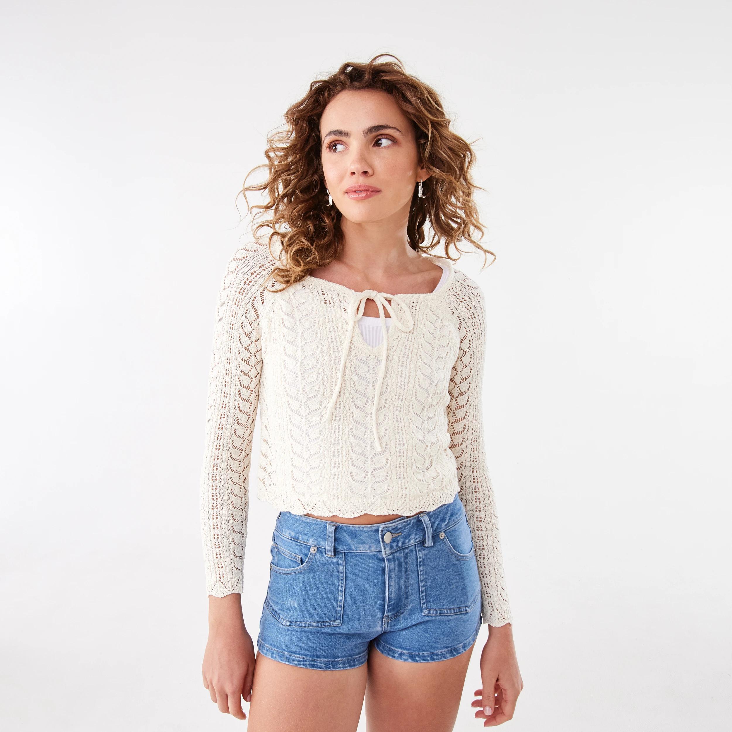 7 Long Sleeve Textured Cable Pullover Ecru, 7 of 7