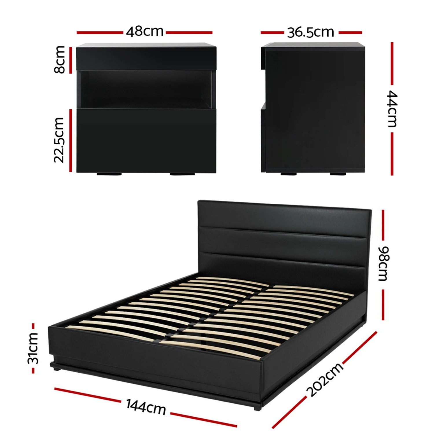 2 Artiss RGB LED Double Bed Frame with Beside Table Set 16 Colour Mood Lighting - Black, 2 of 8
