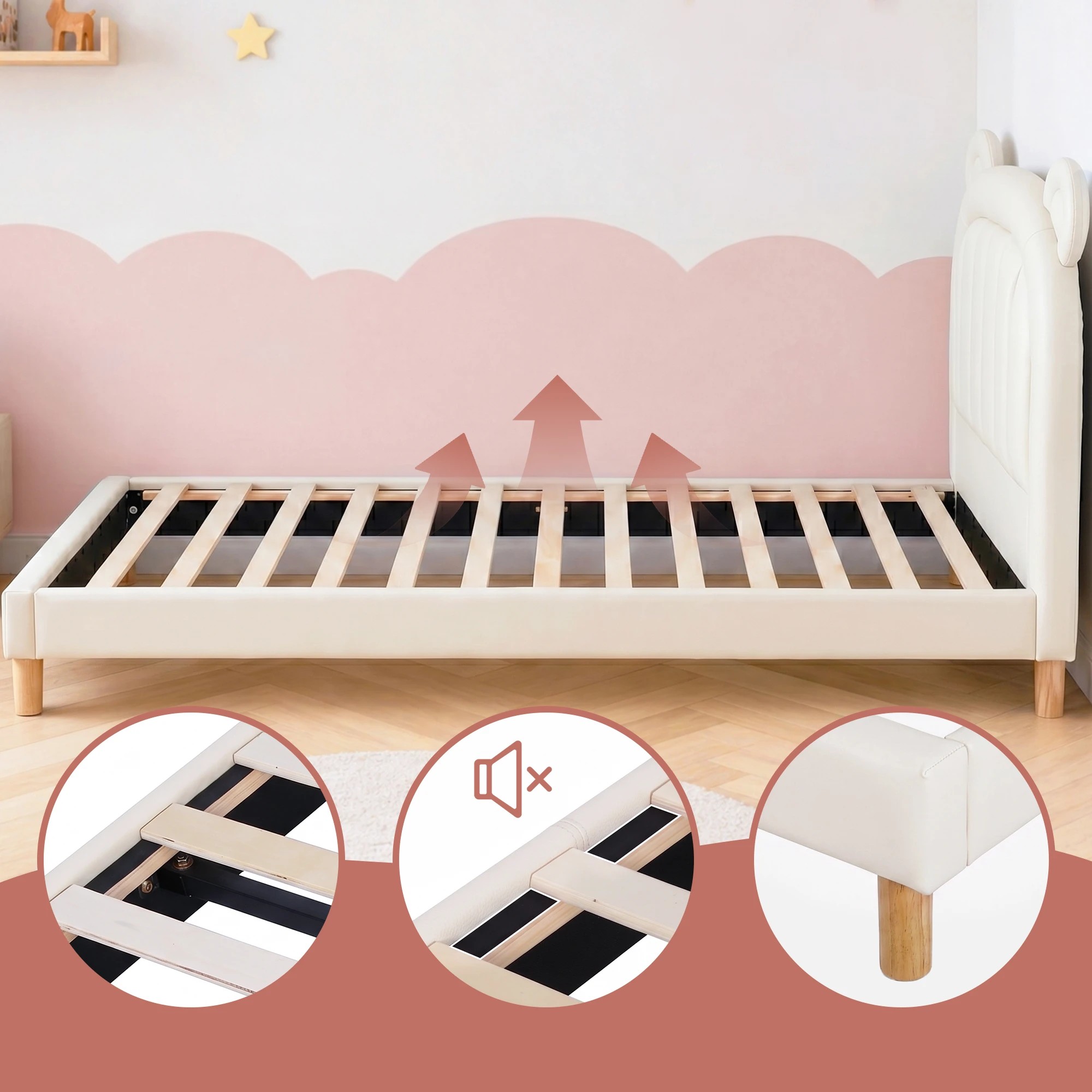 5 Artiss Kids King Single Bed Frame Bear Ears Headboard Upholstered Leather Platform Bed for Child - White, 5 of 8