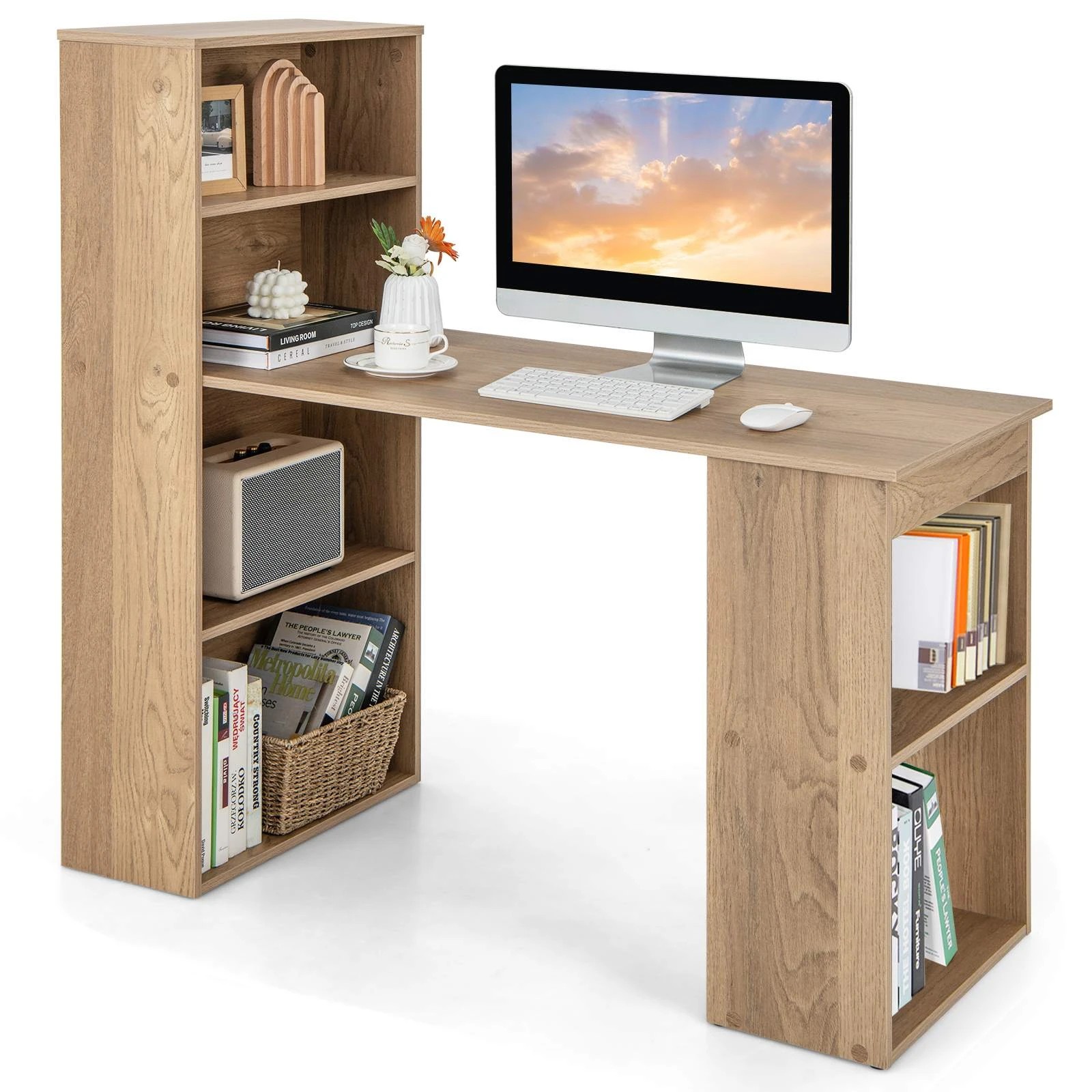5 Costway 3-in-1 Computer Desk with Bookshelf Reversible Writing Work Table - Natural, 5 of 6