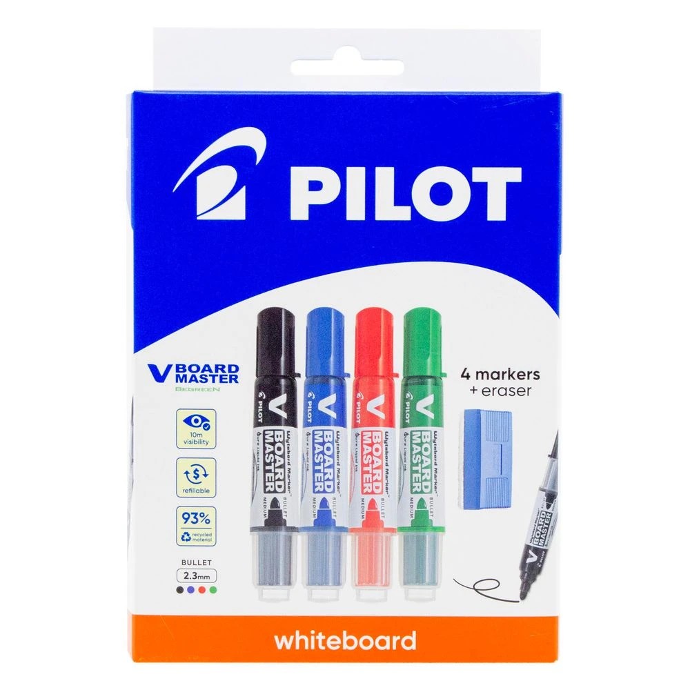 1 PILOT V Board Whiteboard Marker Bullet Assorted 4 Pk + Eraser, 1 of 8