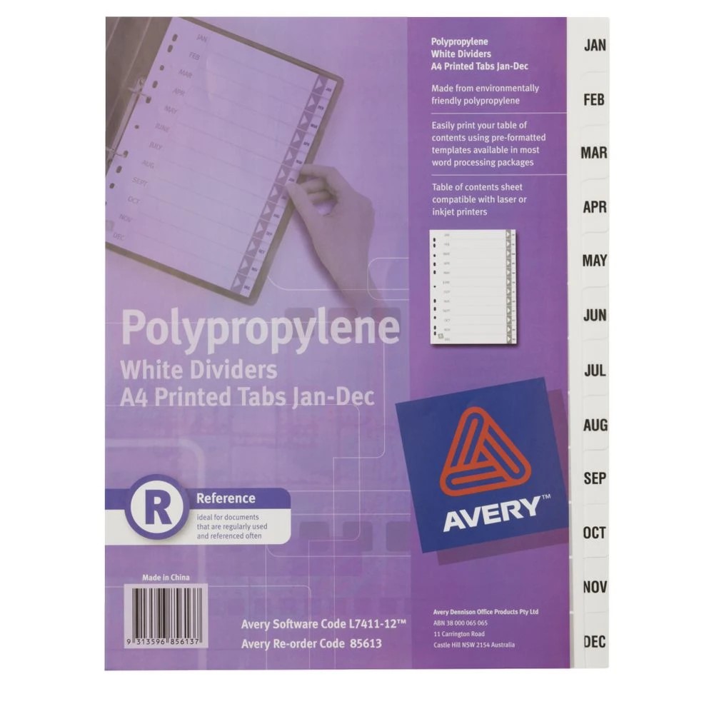 2 Avery Polypropylene A4 Printed Tabs Dividers Jan - Dec White, 2 of 2