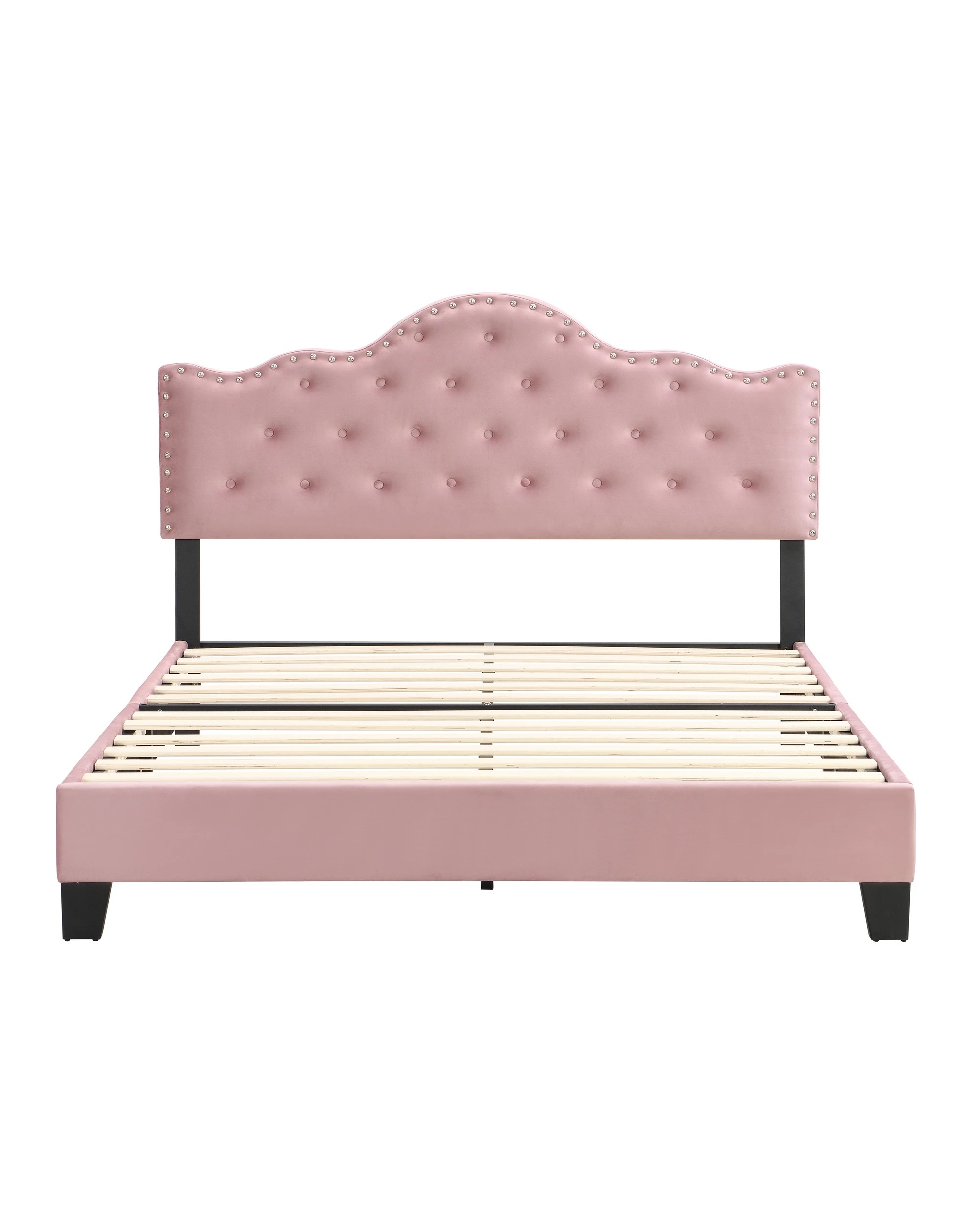 1 IHOMDEC BEF05 Velvet Crown Shape Queen Bed Frame - Pink - Pink, 1 of 10