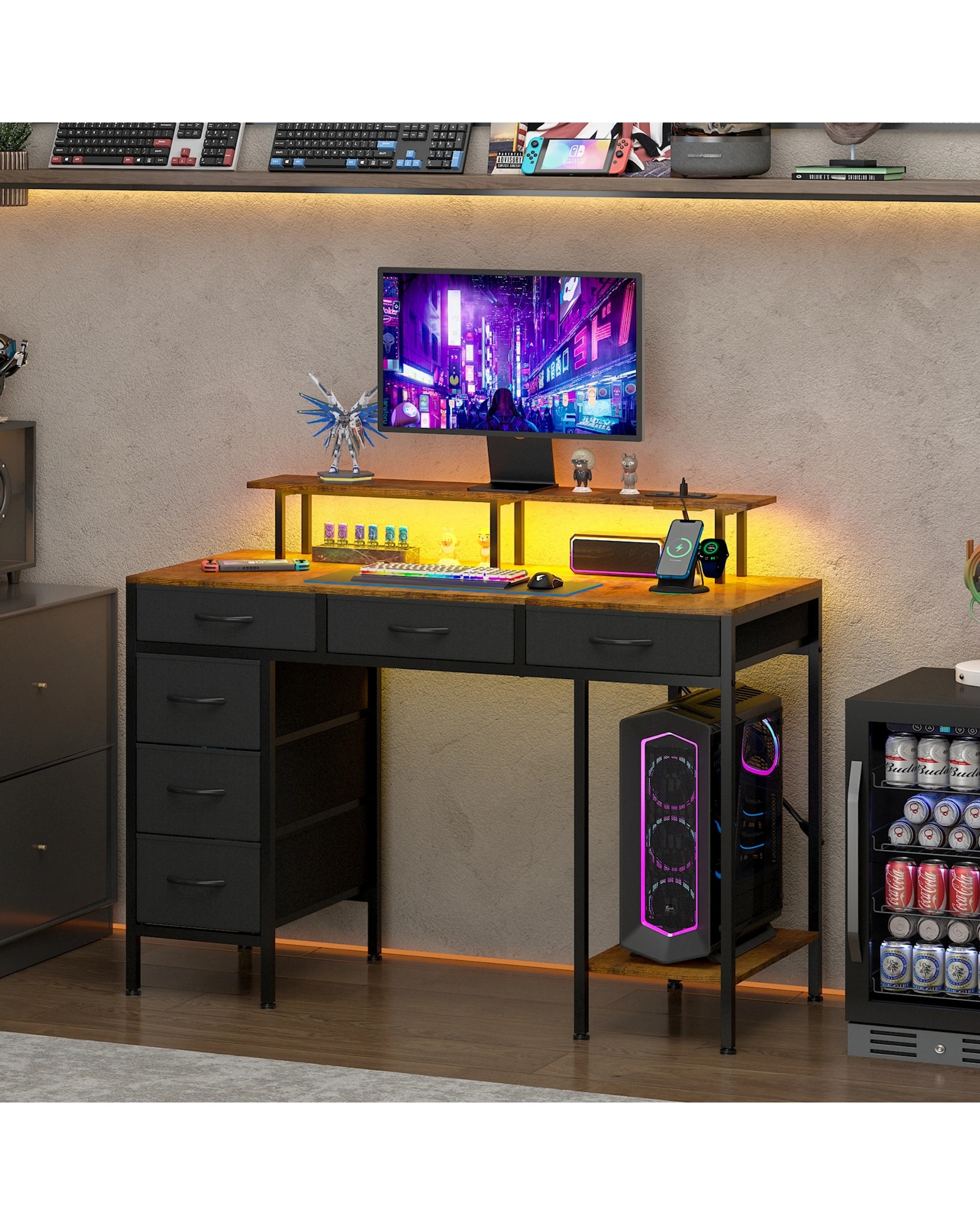 2 Advwin Gaming Desk with LED Lights & Power Outlets, 120cm Computer Desk with 6 Fabric Drawers, 2 of 9