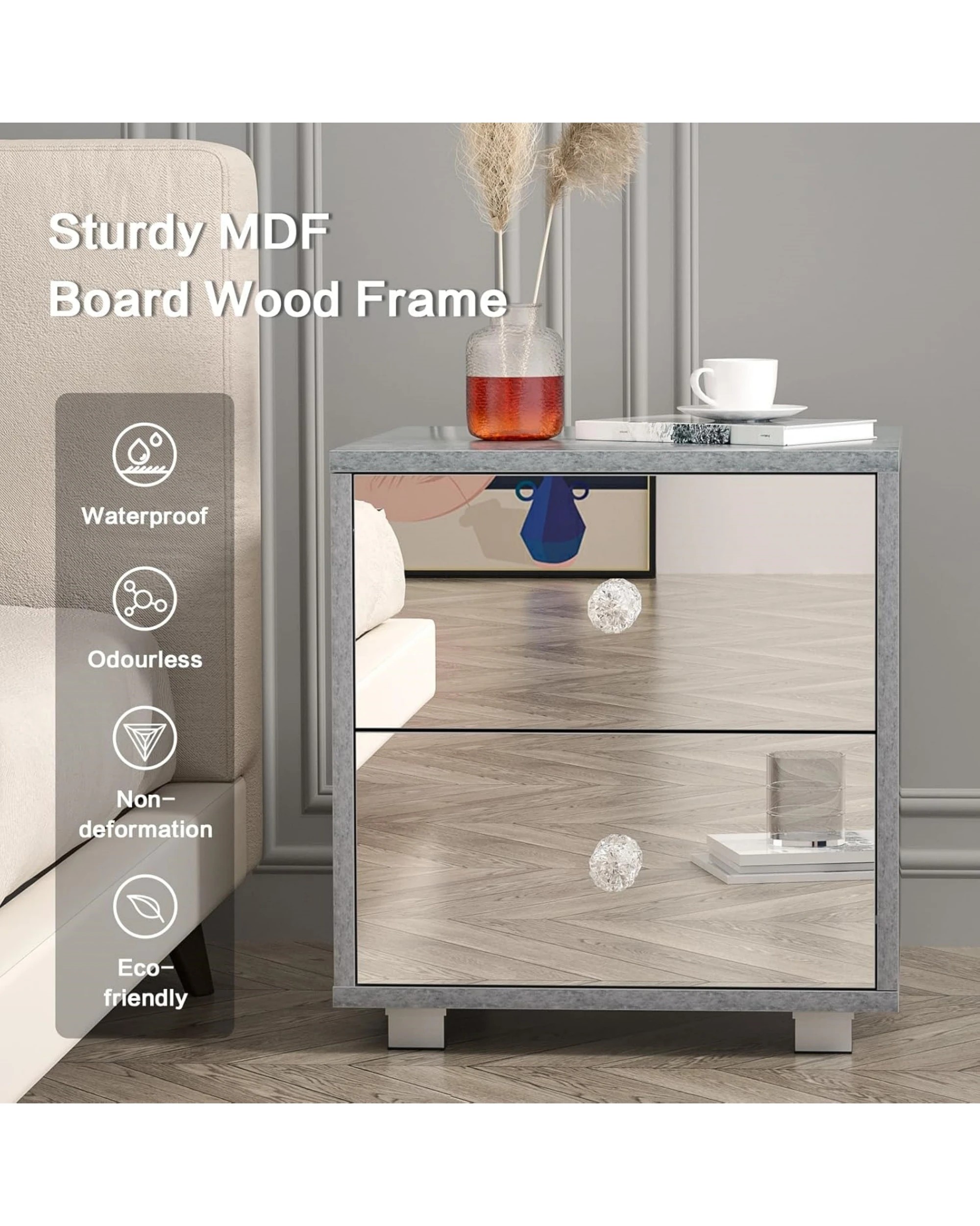 4 Advwin 2 Drawers Bedside Table Set of 2 Mirrored Nightstand, 4 of 8