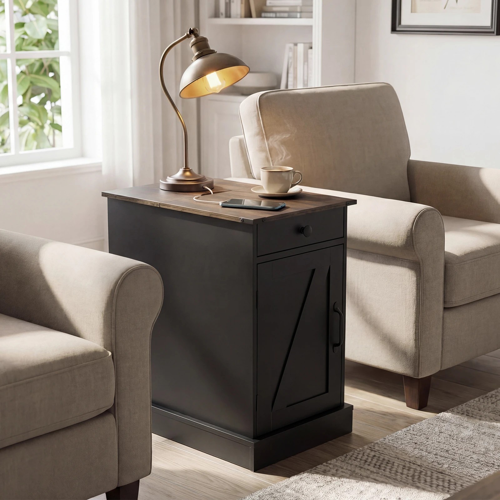 3 Costway Bedside Table w/Power Outlets Sofa Side Table - Black, 3 of 7