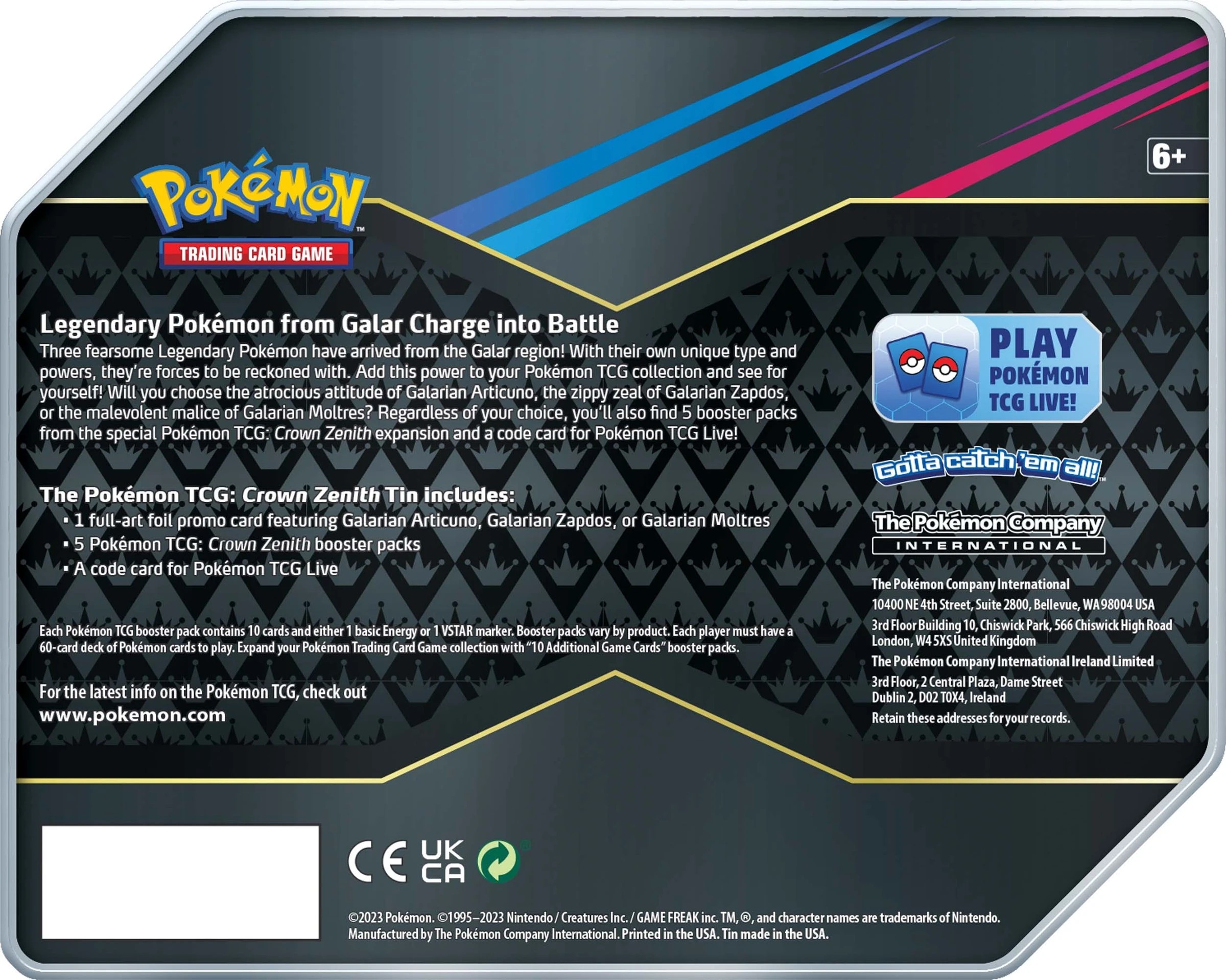 6 Pokemon Trading Card Game: Crown Zenith Tin - Assorted, 6 of 7