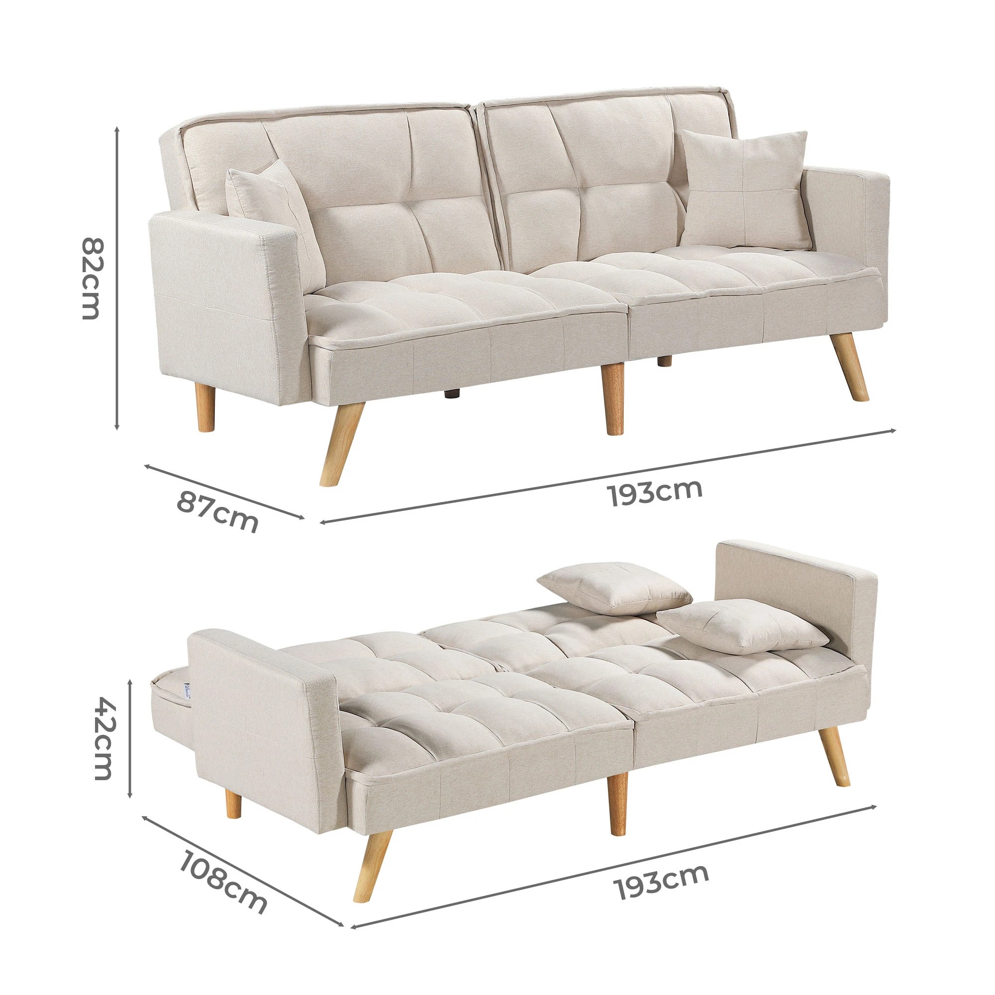 3 Levede Sofa Bed Futon Convertible Fabric Lounge Couch 3 Seater Recliner - Beige - Beige, 3 of 9