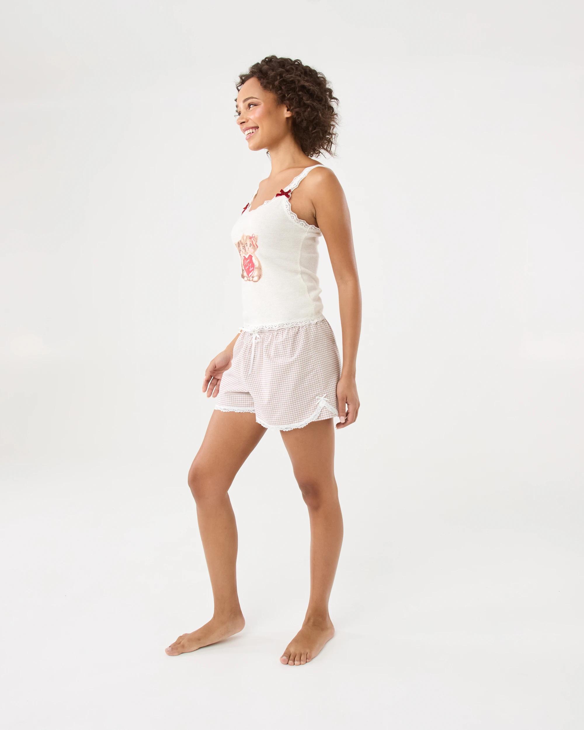 3 Cotton Yarn Dyed Lace Trim Woven Shorts Brown Ging, 3 of 8