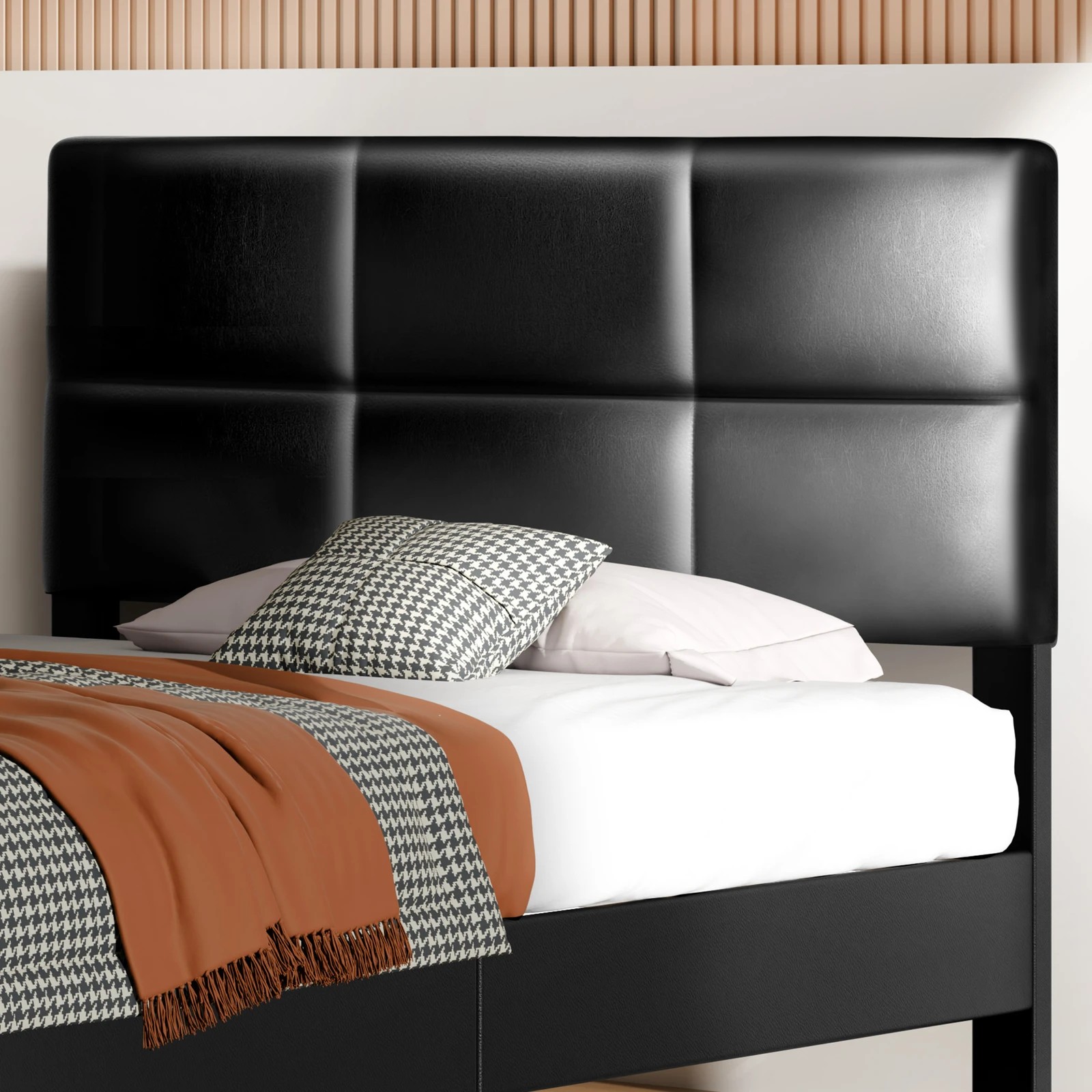 3 Alfordson Bed Frame Single Size Wooden Slats Platform Leather Paula - Black, 3 of 9