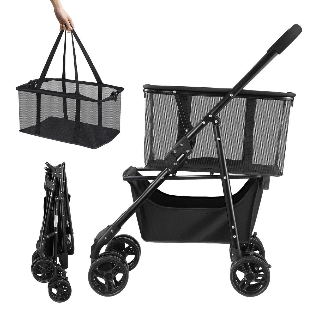 6 AUSWAY 2 Tier Foldable Shopping Trolley with Wheels Collapsible Grocery Utility Cart Rolling Market Travel, 6 of 6