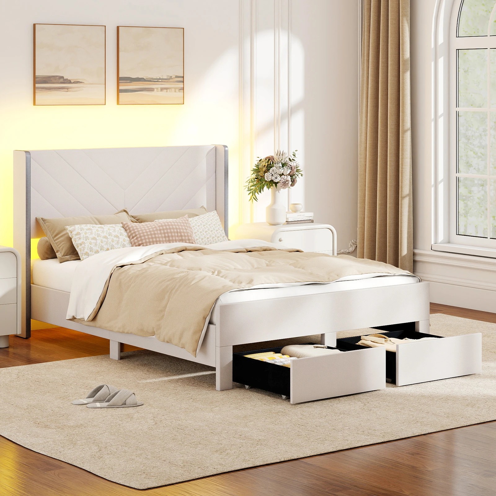 2 Costway Queen Bed Frame RGB LED Lights Platform Bed Velvet Upholstered Headboard, 2 of 4