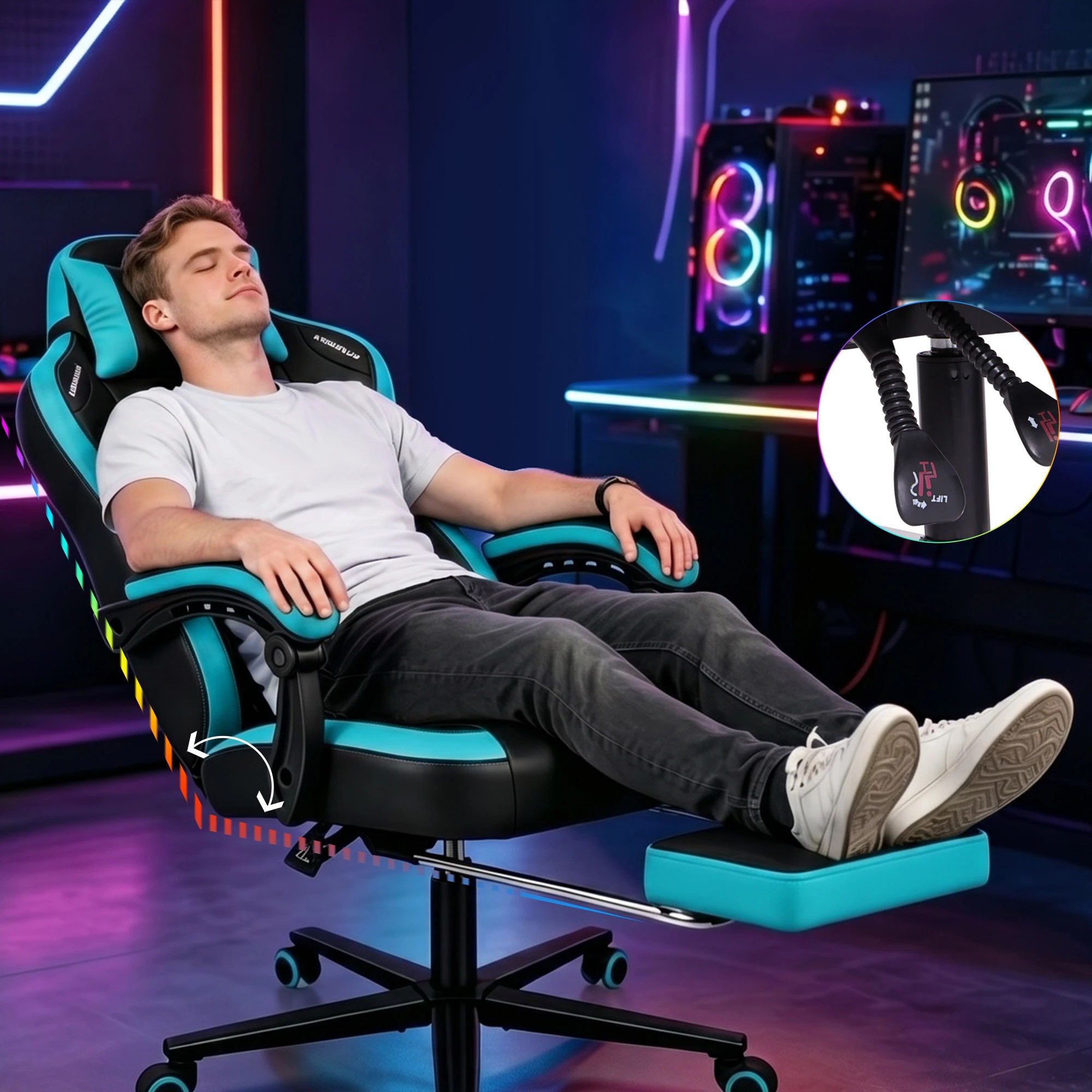 9 Alfordson Gaming Office Chair Ergonomic Computer Footrest Leather - Cyan, 9 of 9