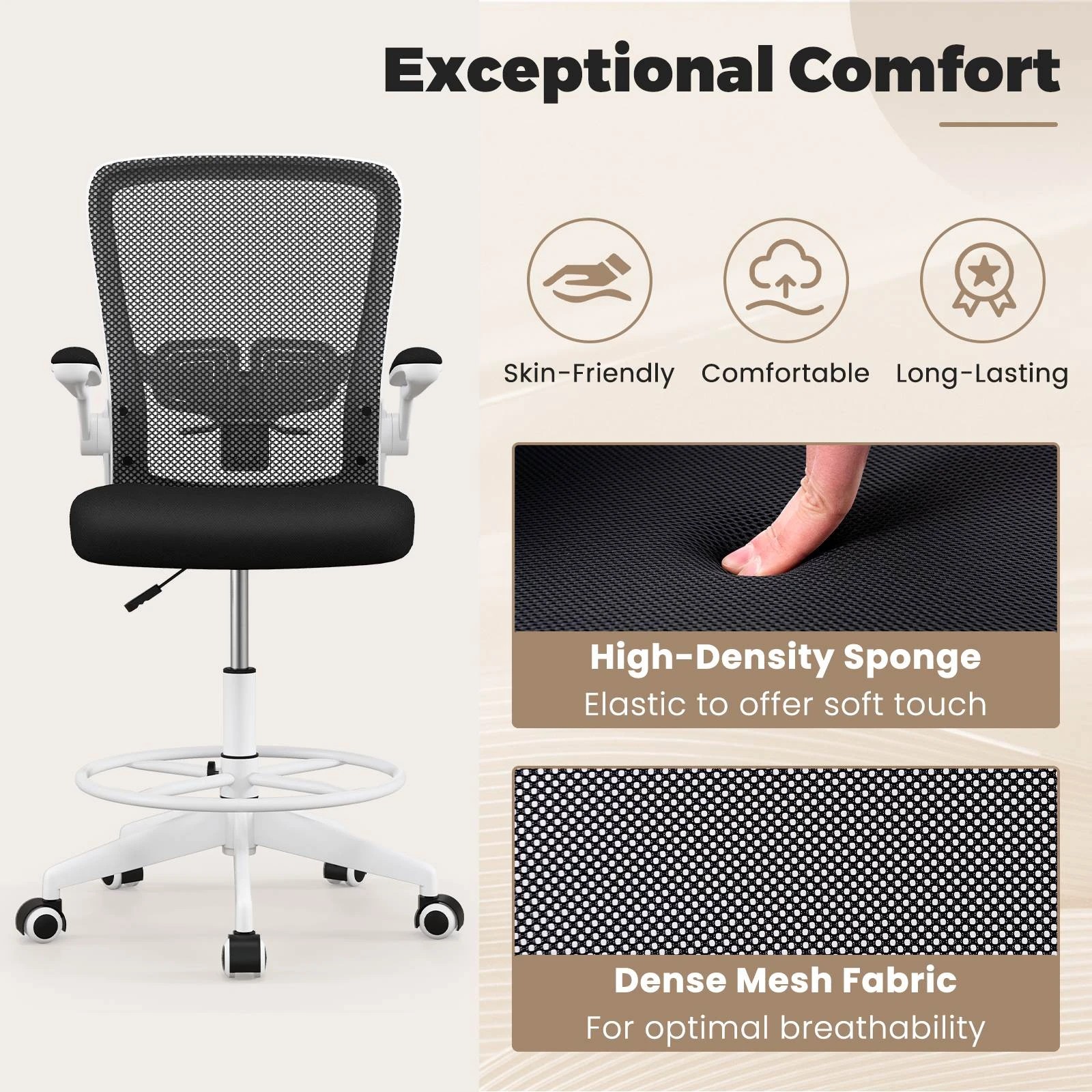 3 Costway Mesh Drafting Chair Office Chair Gaming Desk Chair Adjustable Height, 3 of 10
