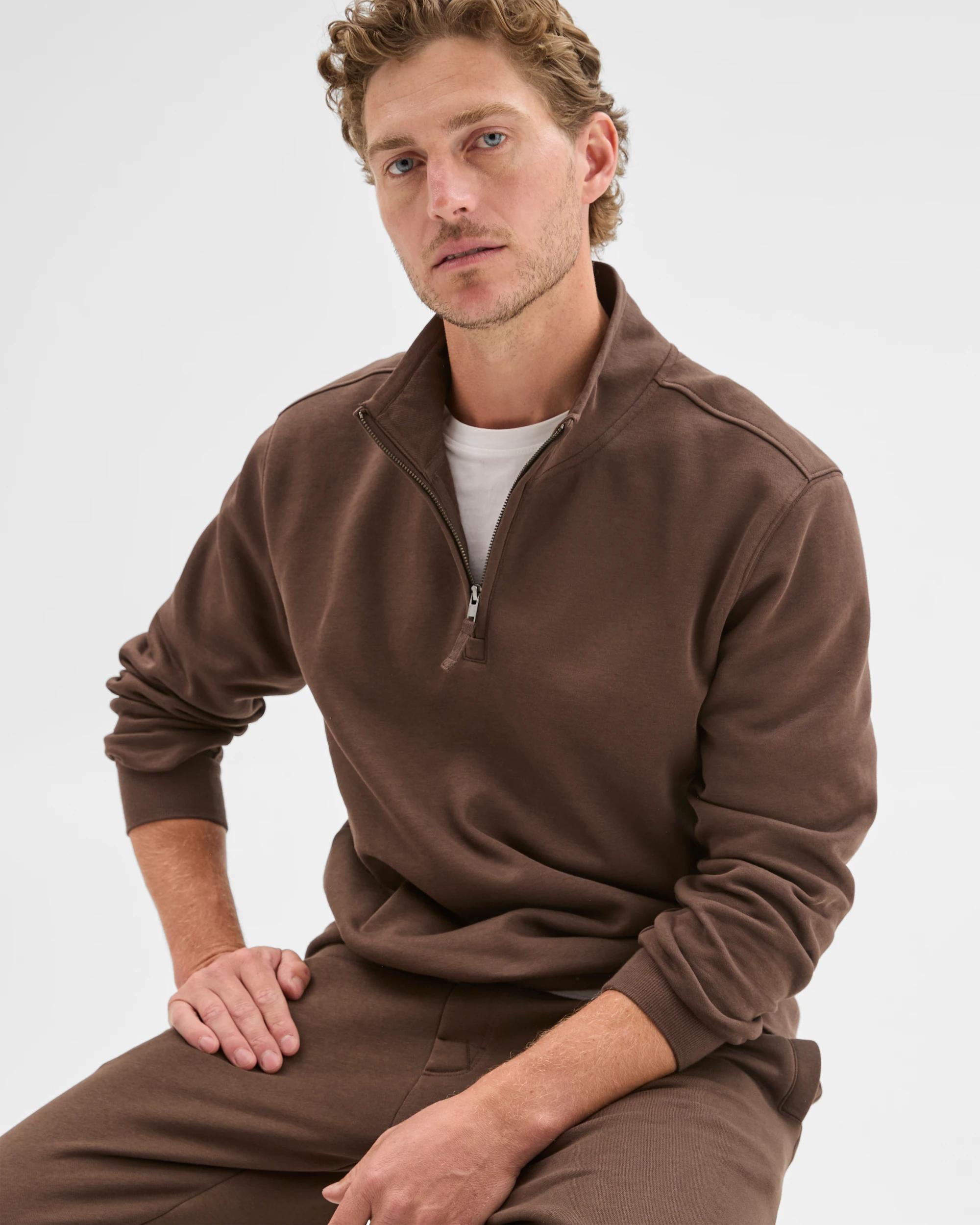 1 Target Man Australian Cotton Blend Fleece 1/2 Zip Top CHOCOLATE, 1 of 7